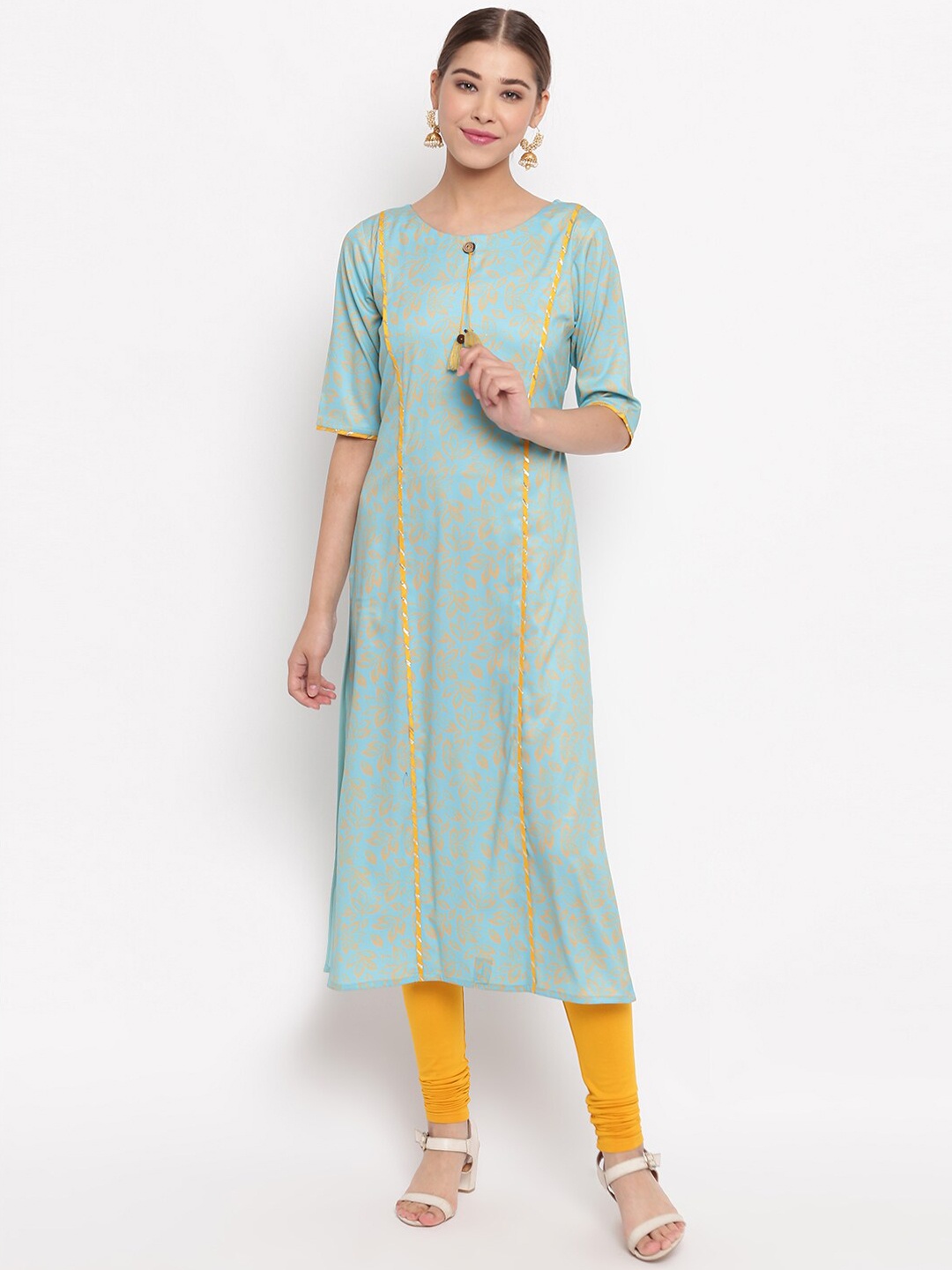 Janasya Women Turquoise Blue & Yellow Printed Straight Kurta