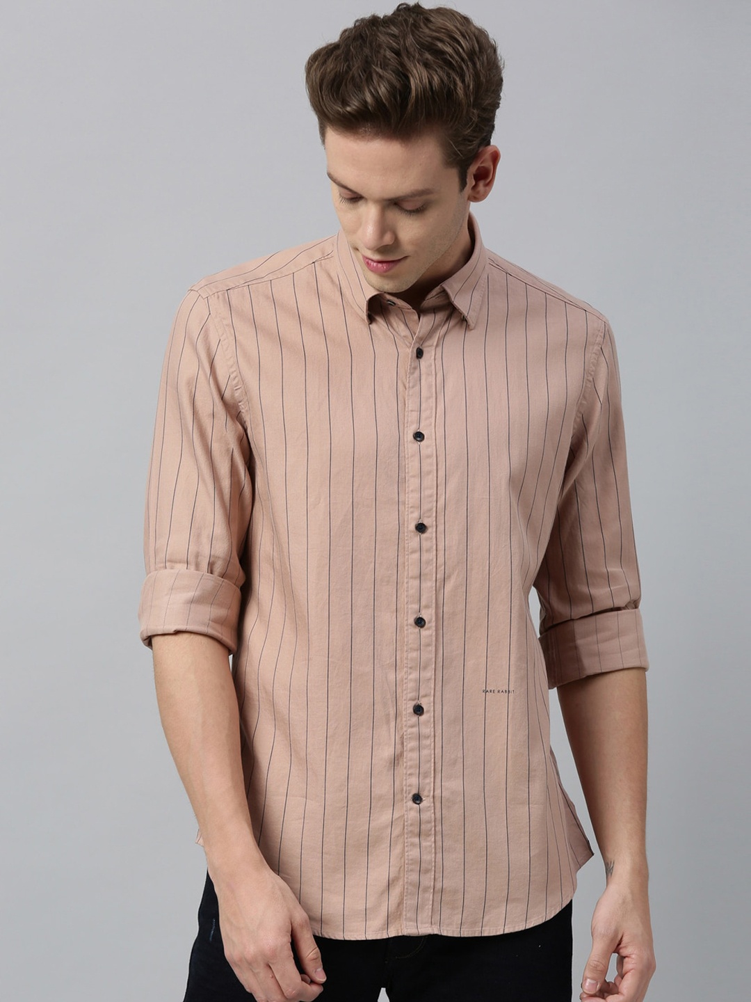 RARE RABBIT Men Pink Tailored Fit Striped Casual Shirt