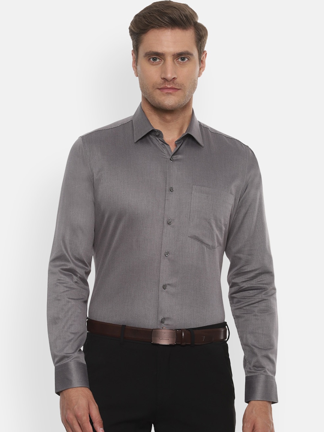 Van Heusen Men Grey Slim Fit Self Design Formal Shirt
