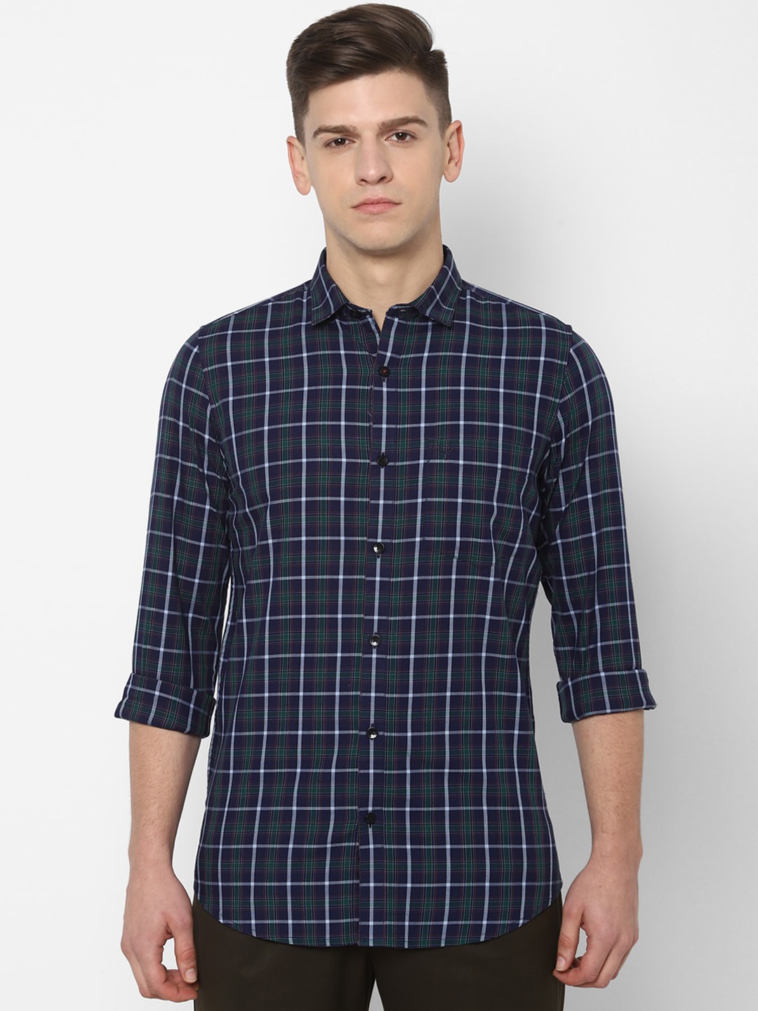 Allen Solly Men Navy Blue & Off-White Slim Fit Checked Casual Shirt