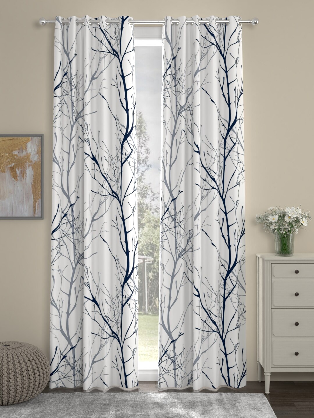 URBAN SPACE White & Blue Set of 2 Door Curtains