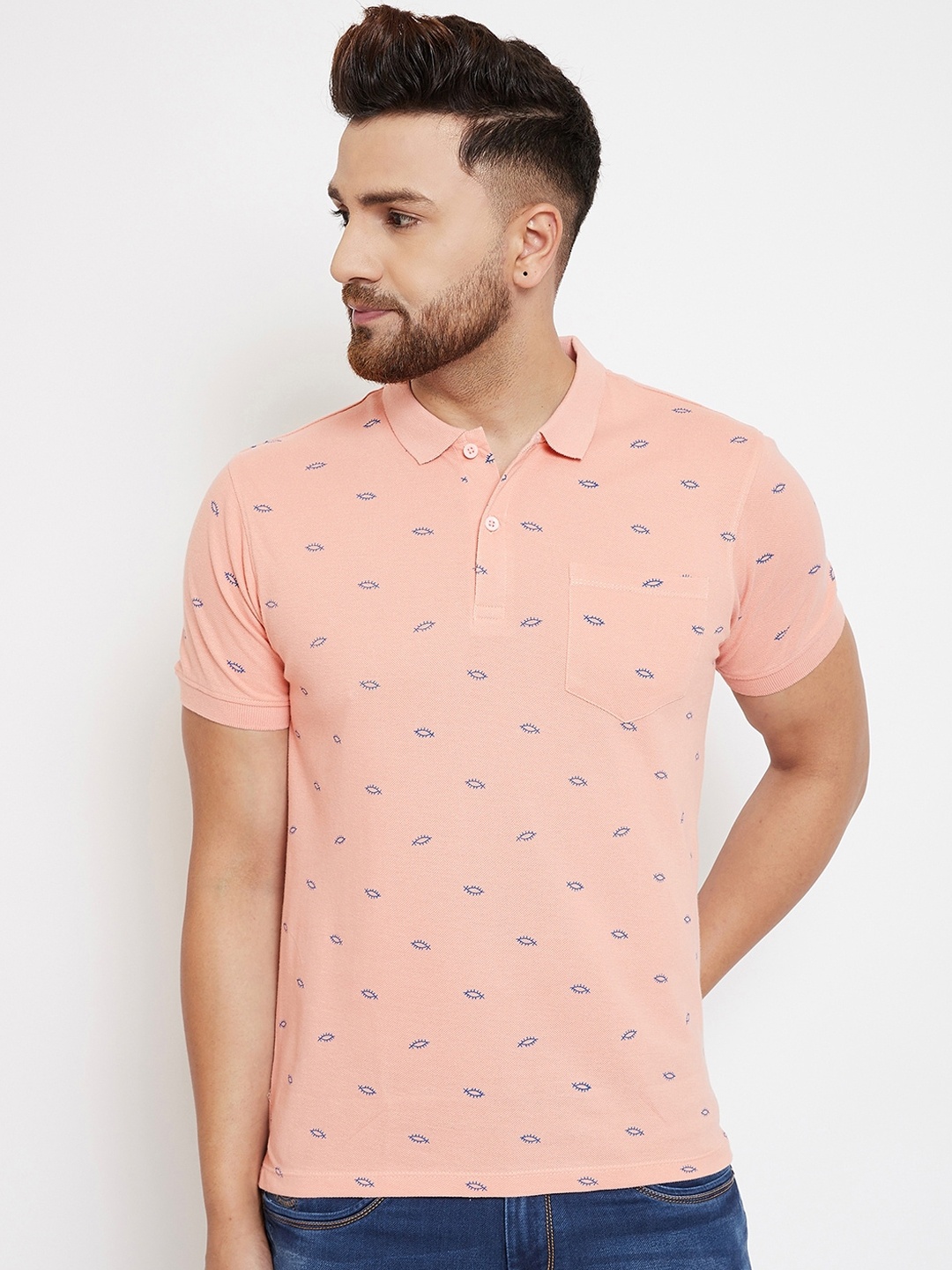 Canary London Men Peach-Coloured Printed Polo Collar T-shirt