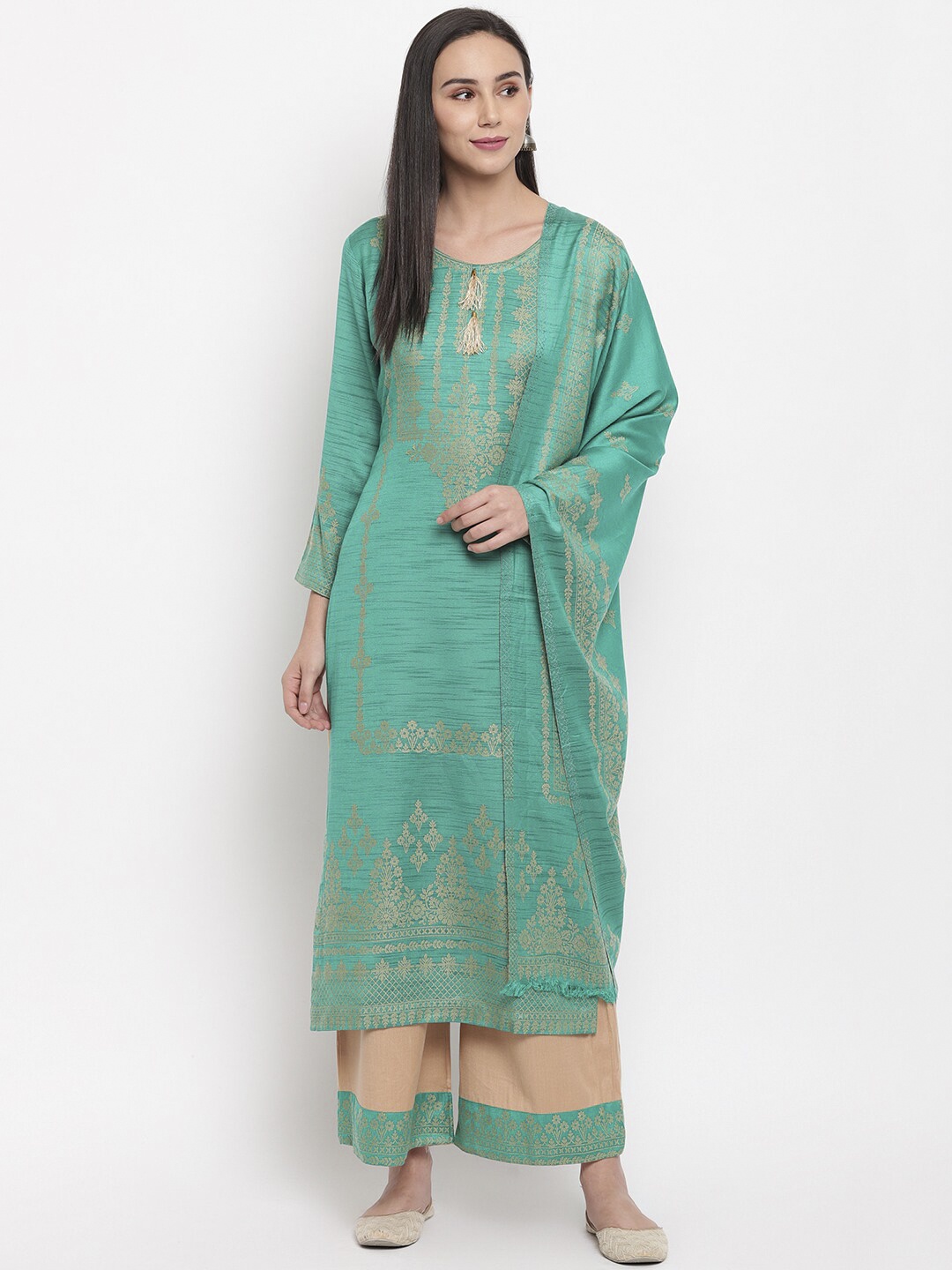 HK colours of fashion Sea Green & Beige Viscose Rayon Unstitched Dress Material