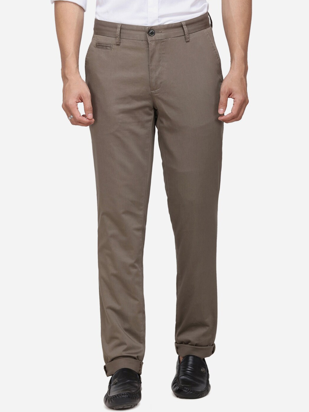 JADE BLUE Men Olive Green Regular Fit Solid Formal Trousers