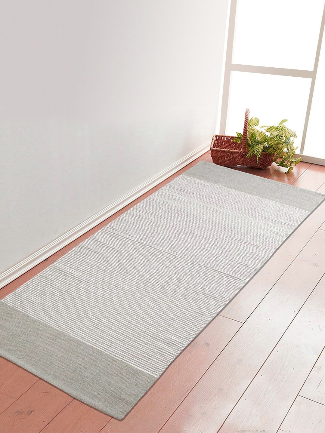 Saral Home Grey & White Striped Cotton Handloom Made Yoga Mat