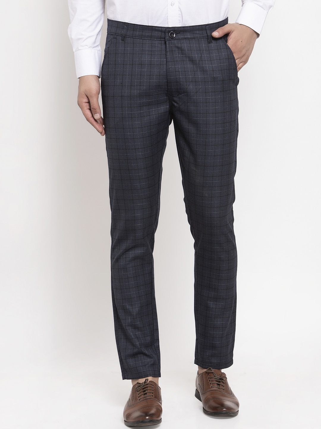 JAINISH Men Charcoal & Black Smart Slim Fit Checked Formal Trousers