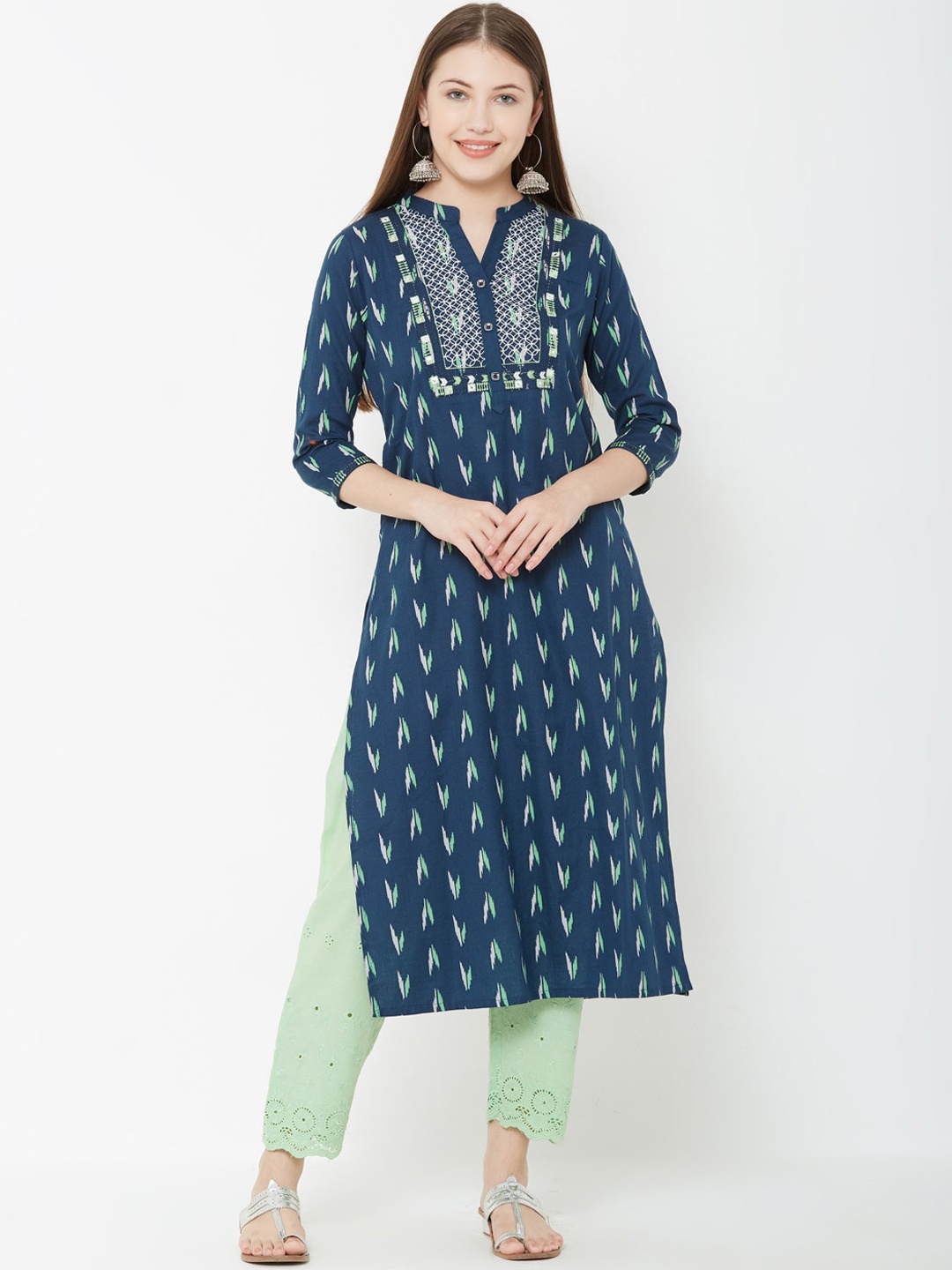 FASHOR Women Teal Blue & Green Yoke Design Straight Kurta