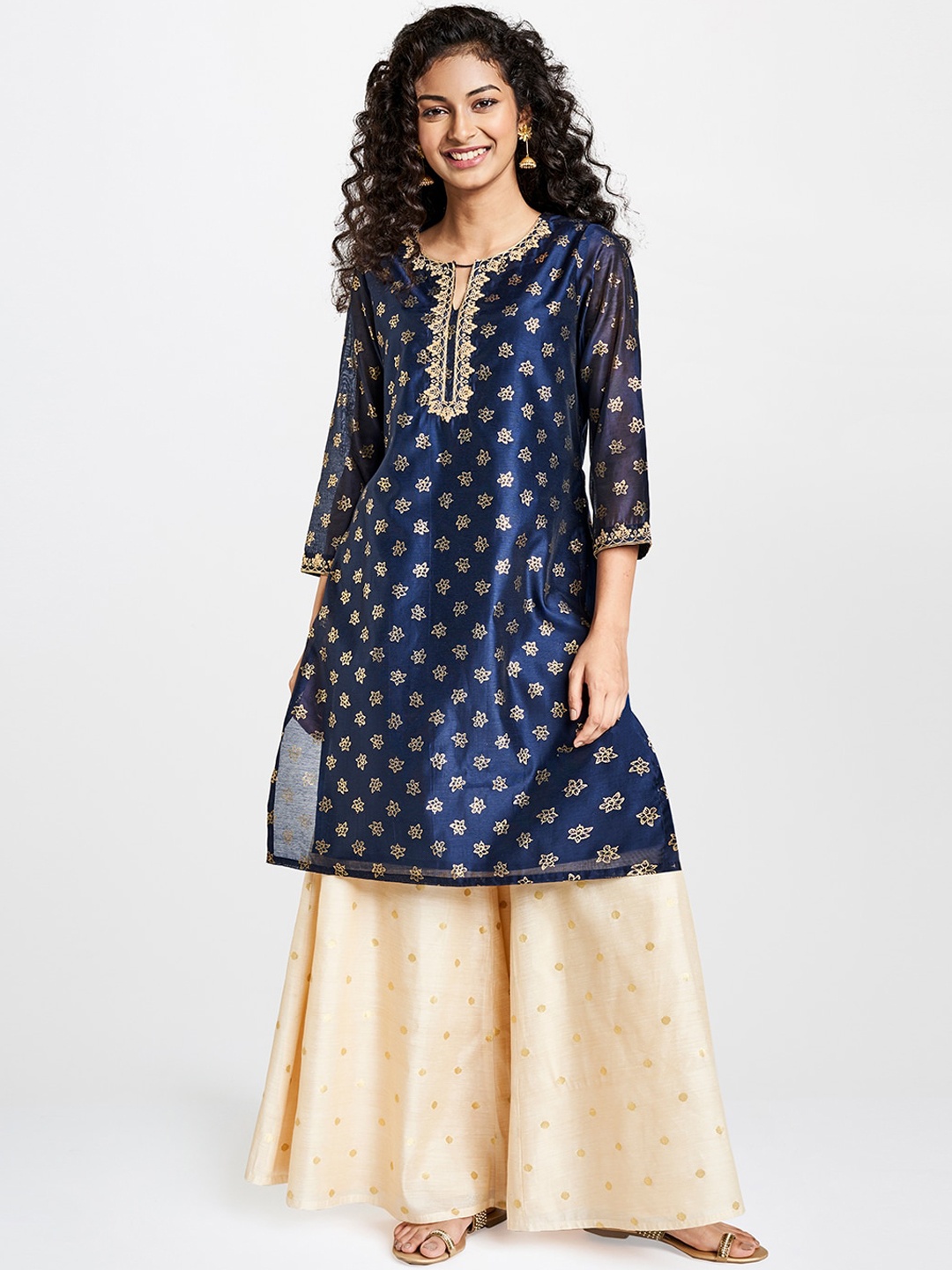 Global Desi Women Blue Printed A-Line Kurta