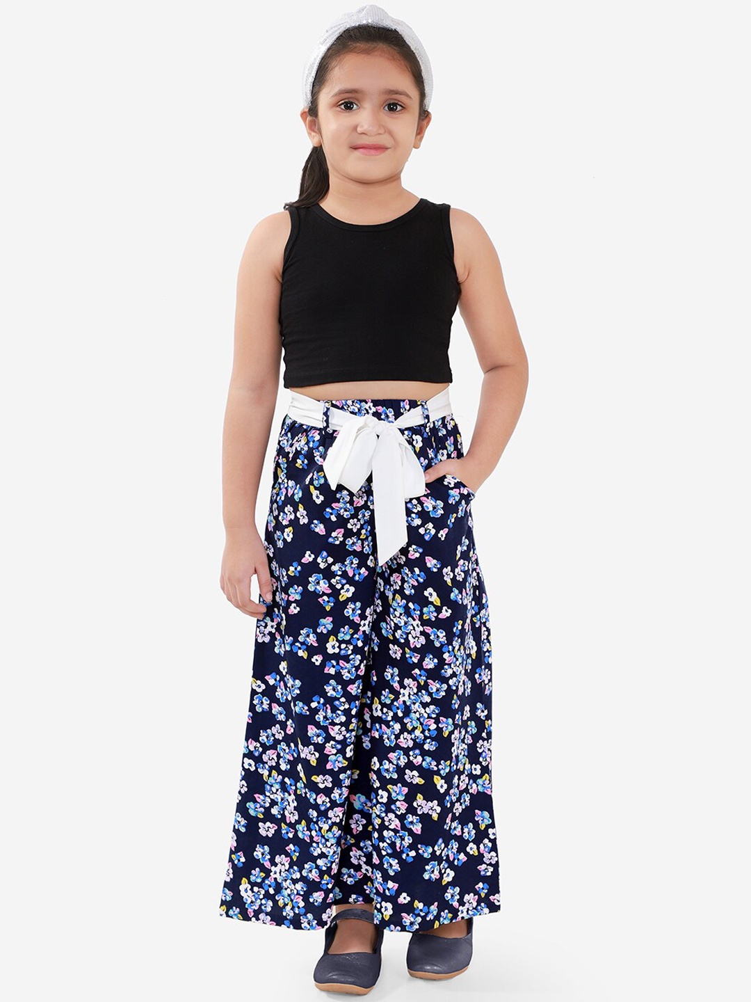 Naughty Ninos Girls Black & Navy Blue Solid Top With Printed Palazzos