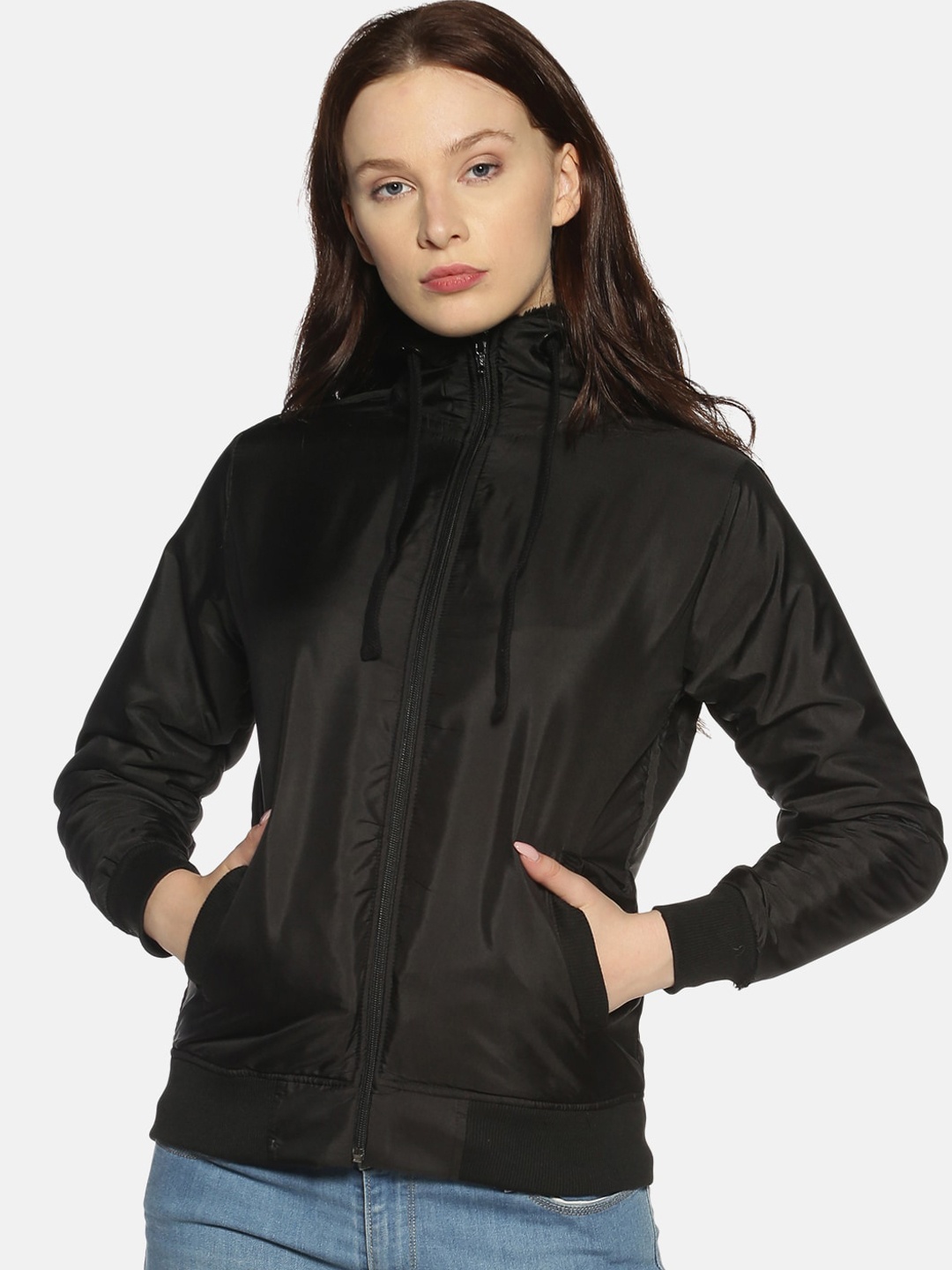 Campus Sutra Women Black Solid Windcheater Bomber Jacket