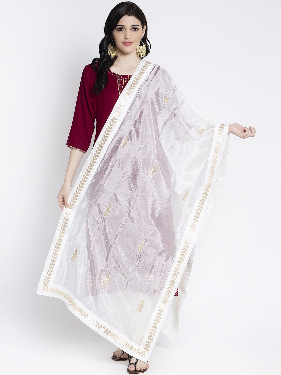 Clora Creation Women White & Gold-Coloured Appliqued Dupatta