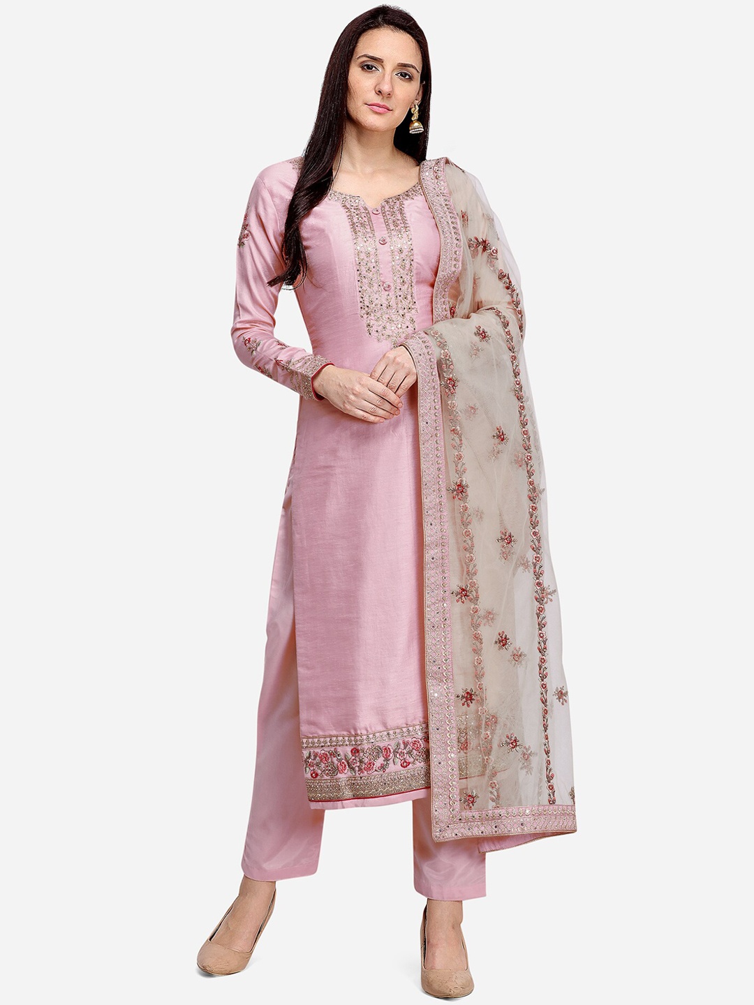 Stylee LIFESTYLE Women Pink Semi-Stitched Dress Material