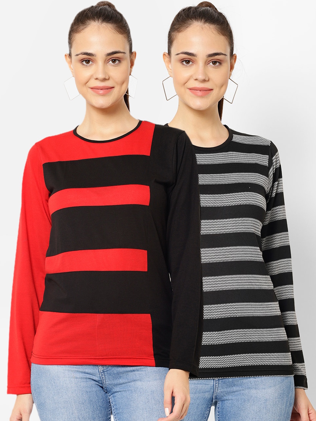 VIMAL JONNEY Women Pack Of 2 Red & Grey Striped Round Neck T-shirts