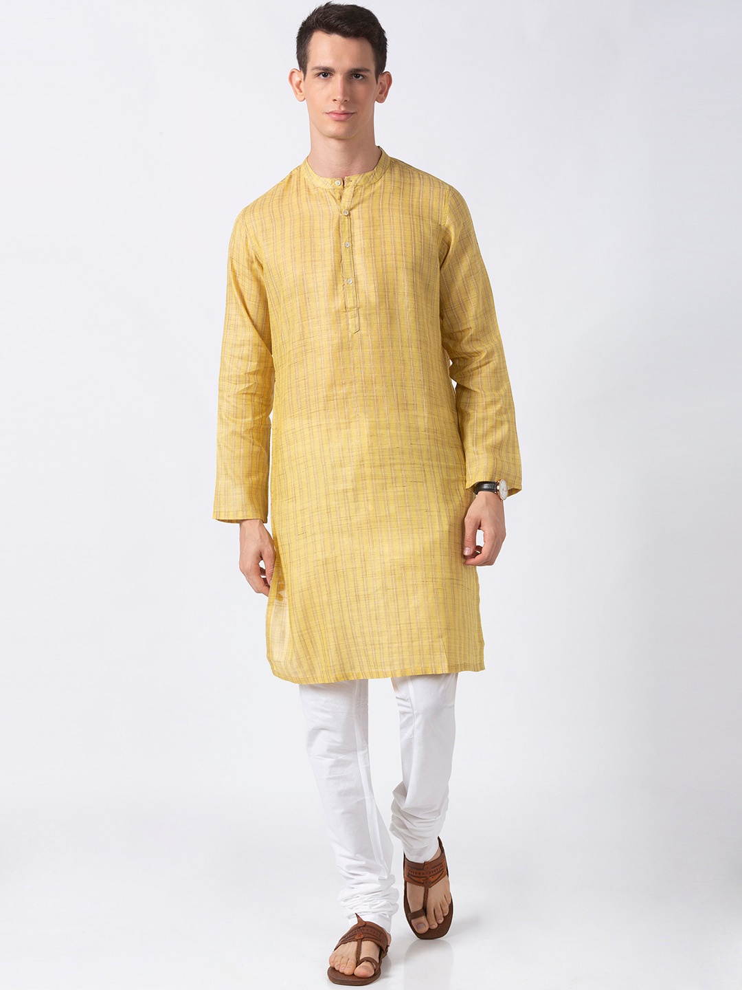 Ethnicity Men Yellow Striped Straight Kurta