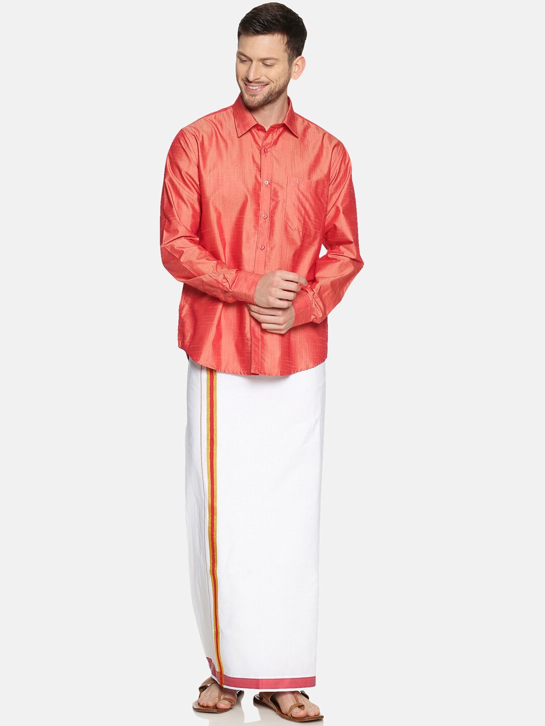 Ramraj Men Red & White Solid Shirt with Dhoti Pants