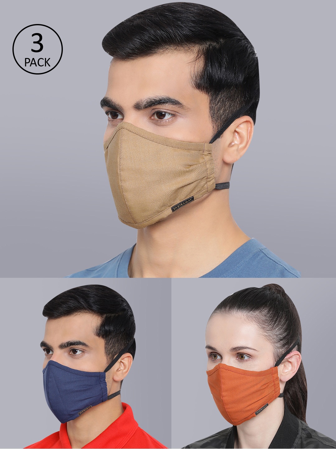 VASTRAMAY Unisex Pack Of 3 Solid Reusable 3-Ply Cloth Masks, Beige
