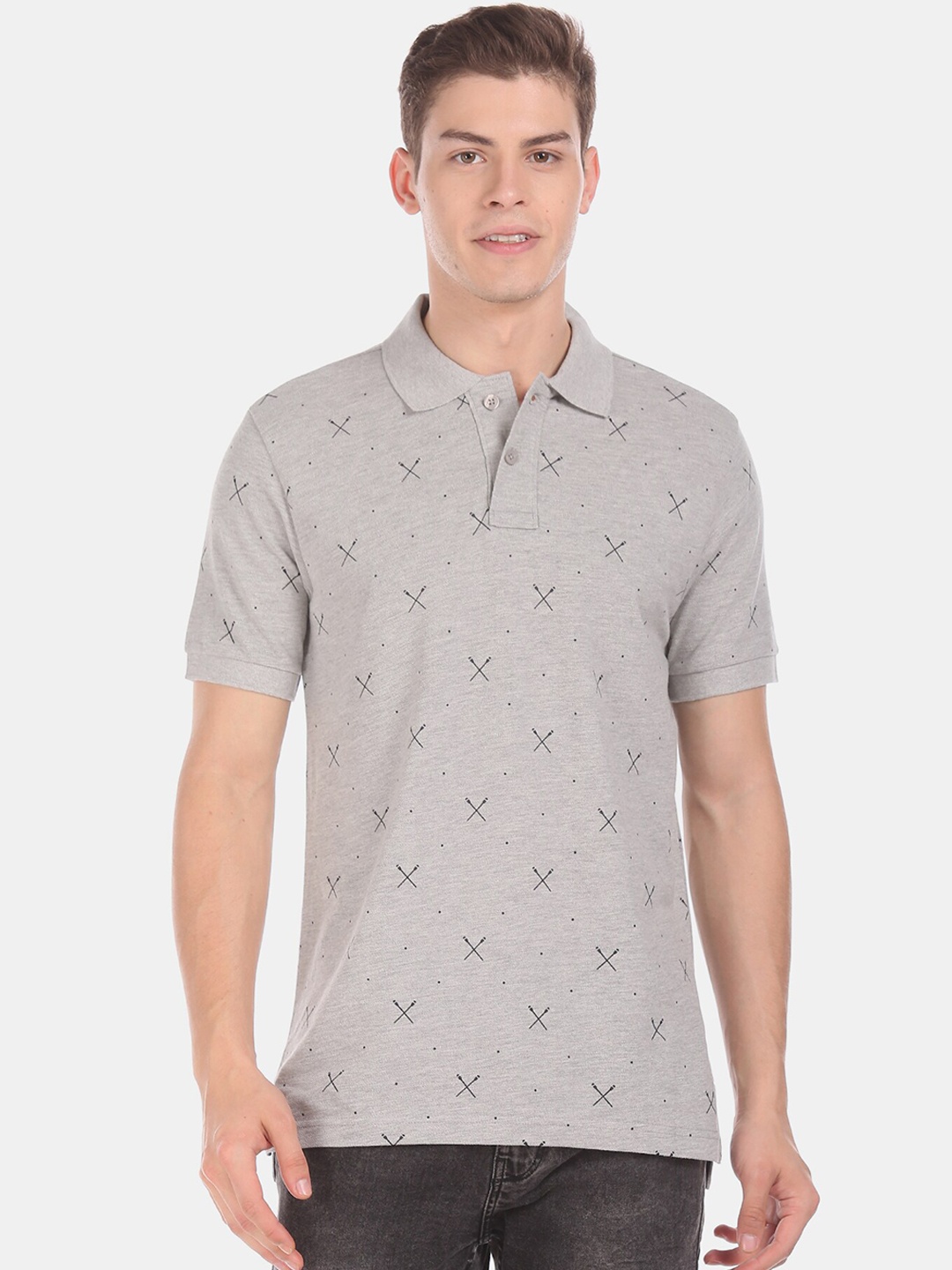 Aeropostale Men Grey Printed Polo Collar Pure Cotton T-shirt