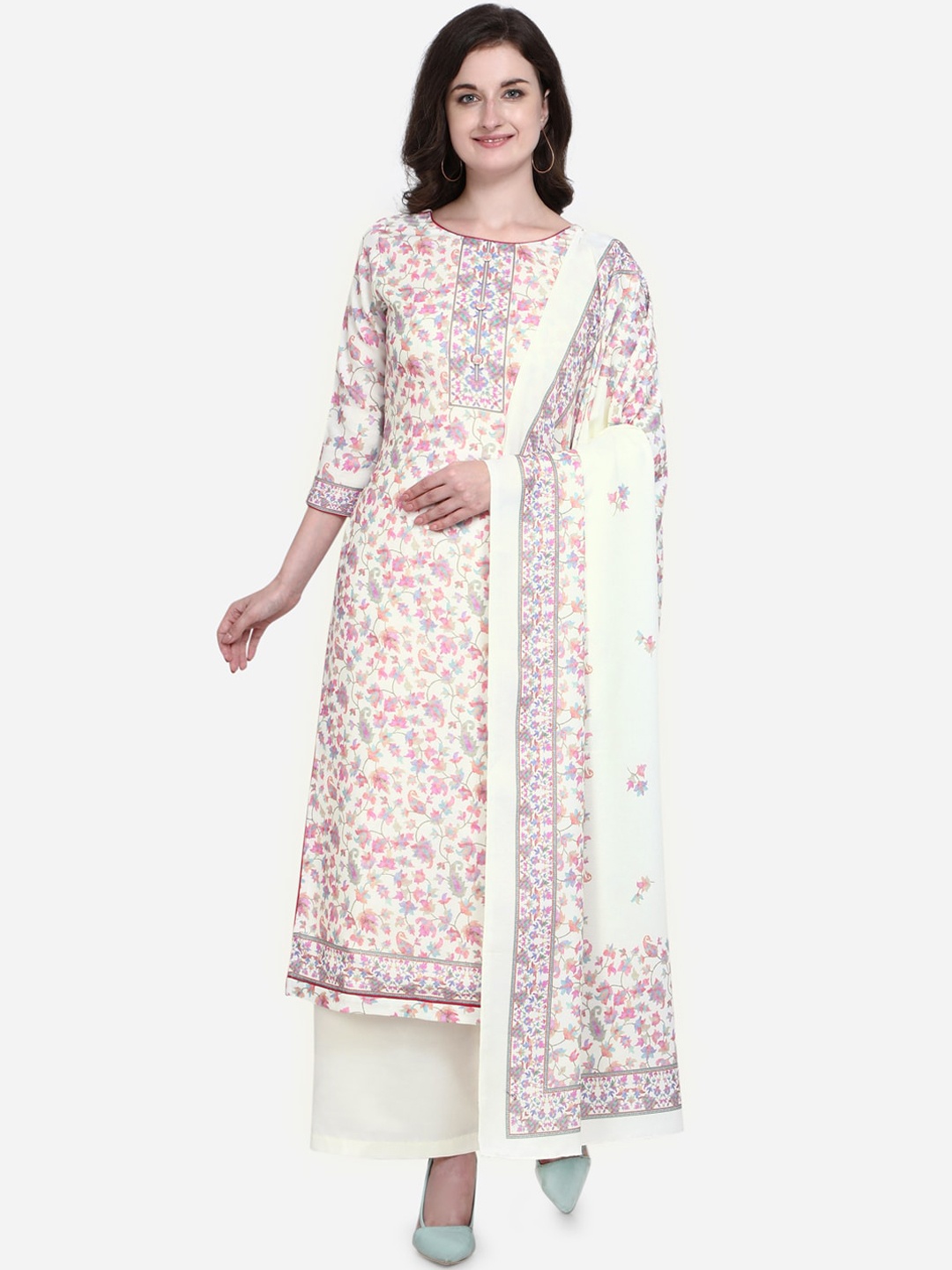 Stylee LIFESTYLE Cream-Coloured Silk Blend Unstitched Dress Material