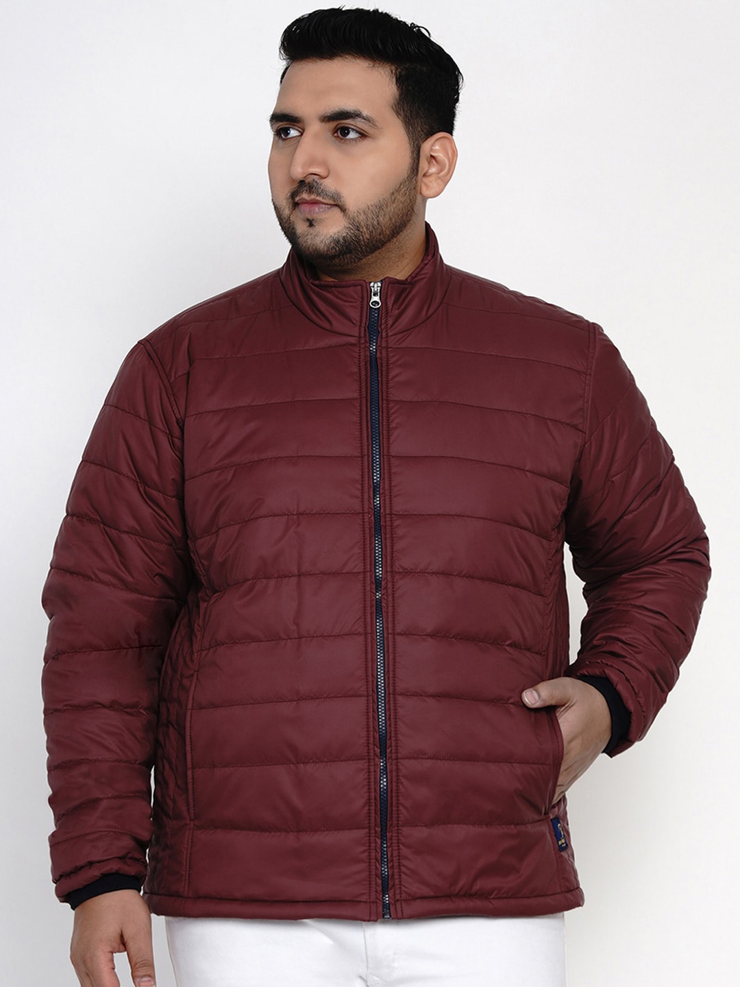 John Pride Men Maroon Solid Plus Size Lightweight Padded Jacket