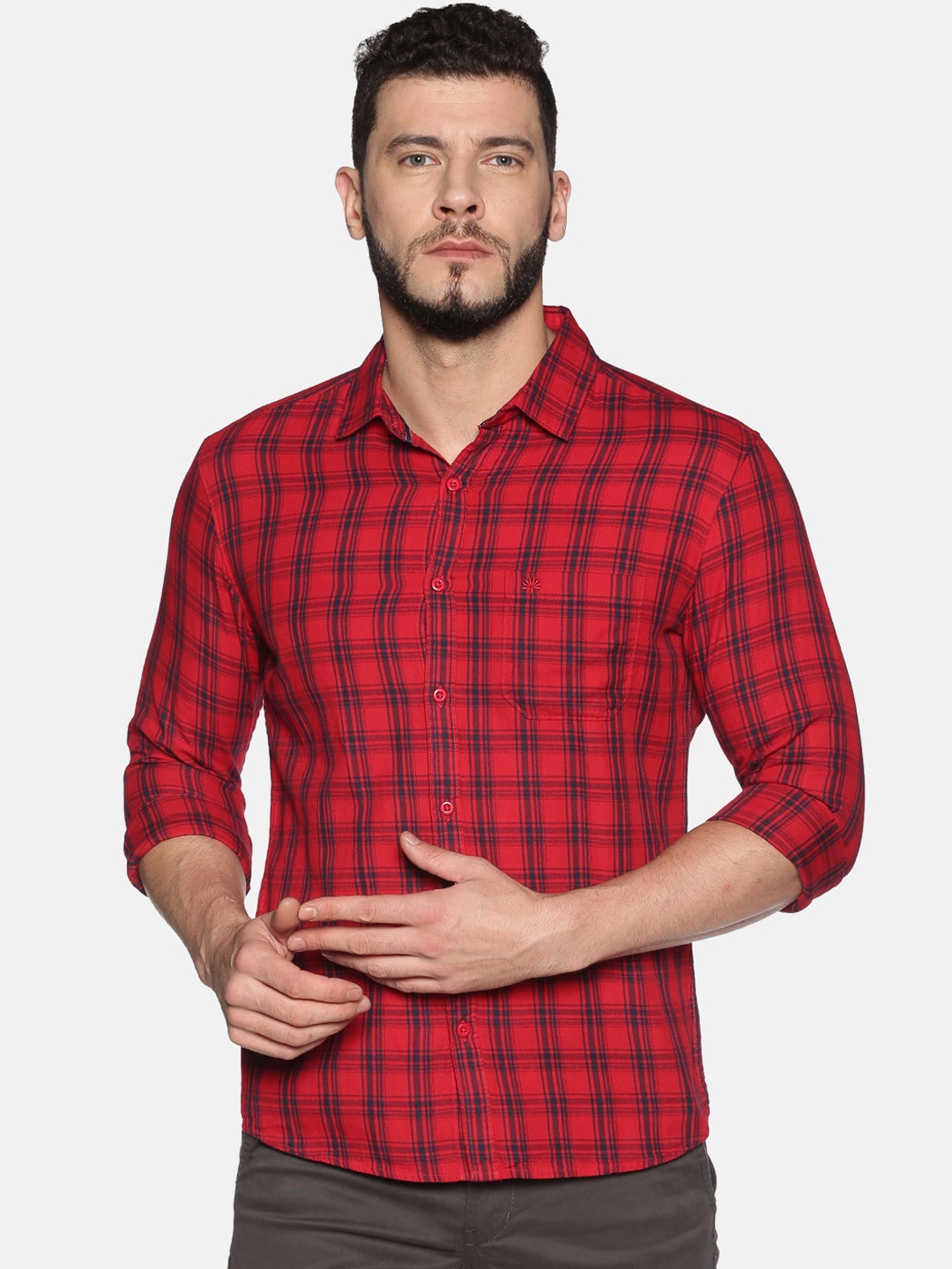 Chennis Men Red Slim Fit Checked Casual Shirt
