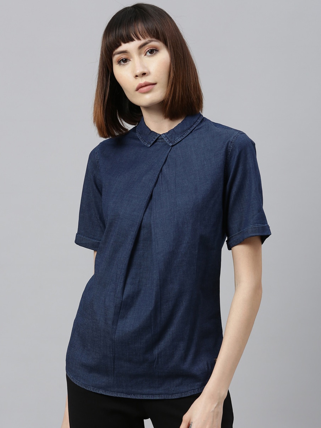 Park Avenue Woman Blue Solid Shirt Style Pure Cotton Top