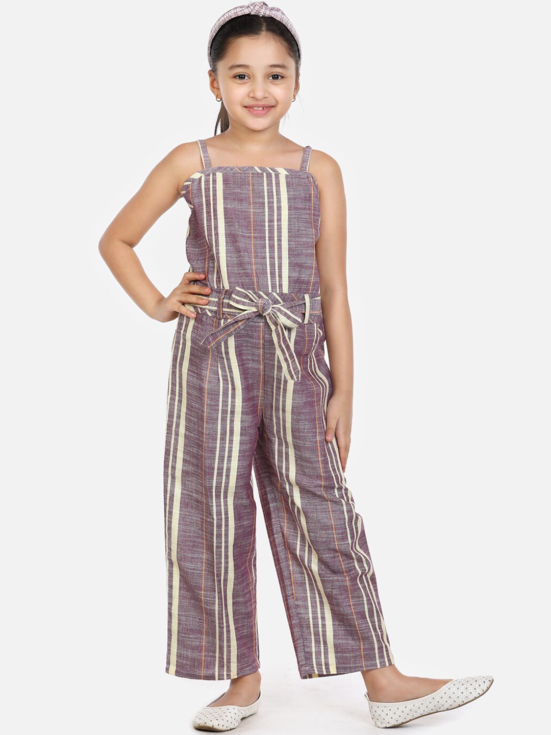 LilPicks Girls Purple Striped Jumpsuit
