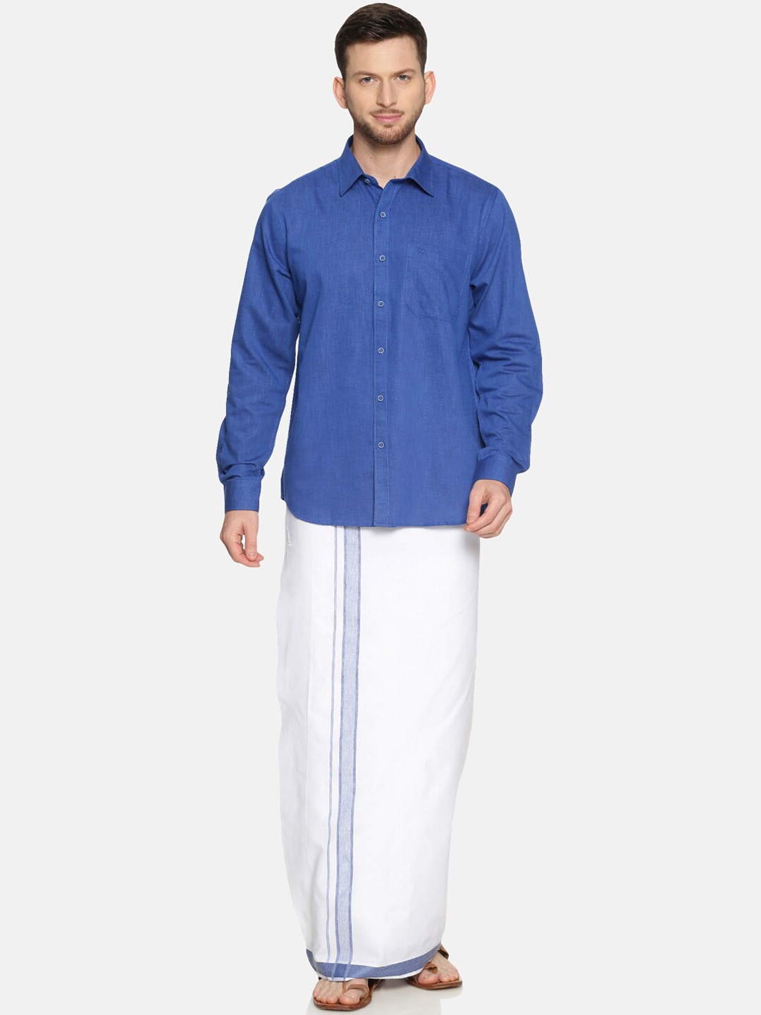 Ramraj Men Pure Cotton Solid Shirt & Dhoti Set, Blue