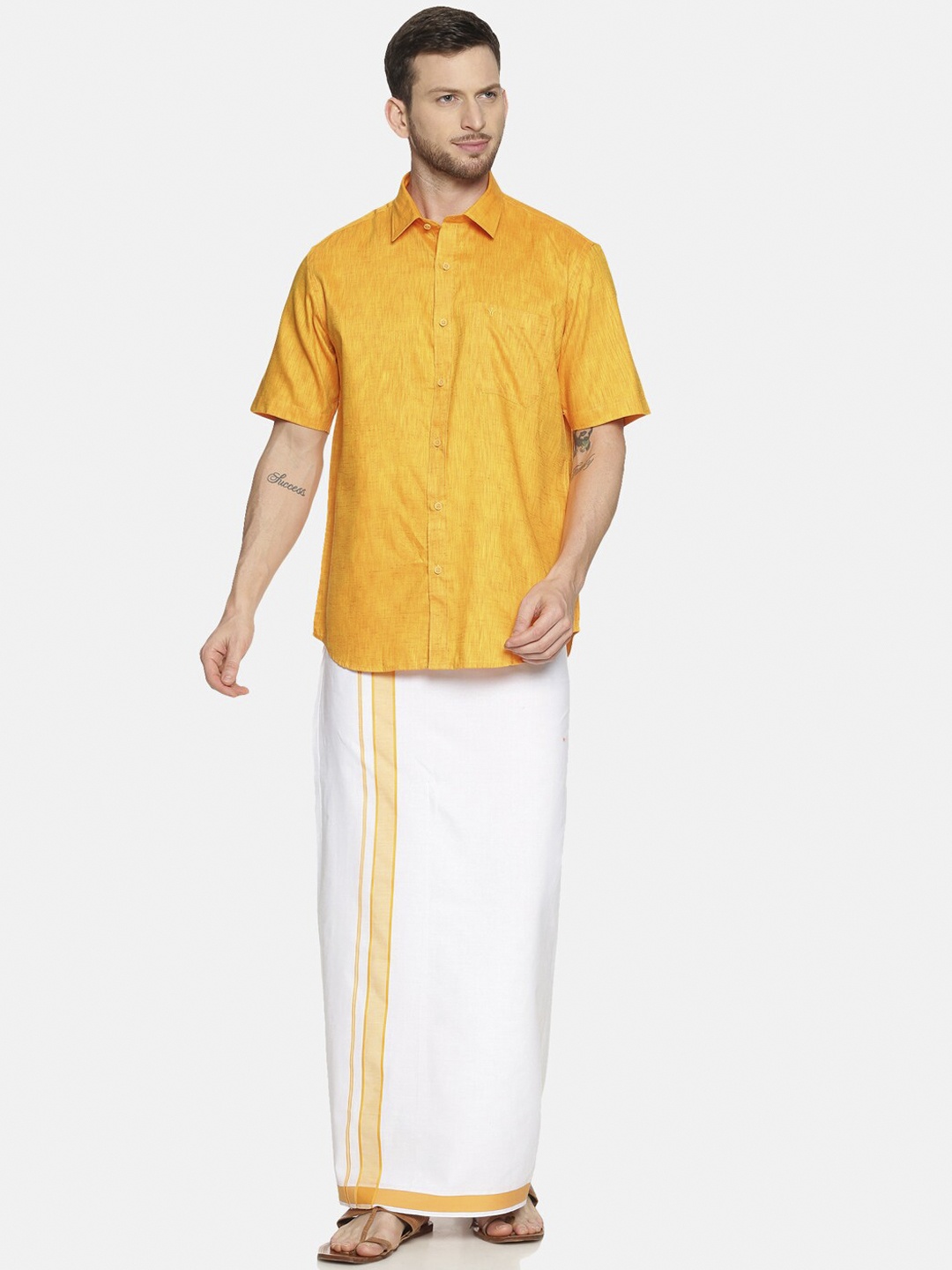 Ramraj Men Pure Cotton Solid Shirt & Dhoti Set, Yellow