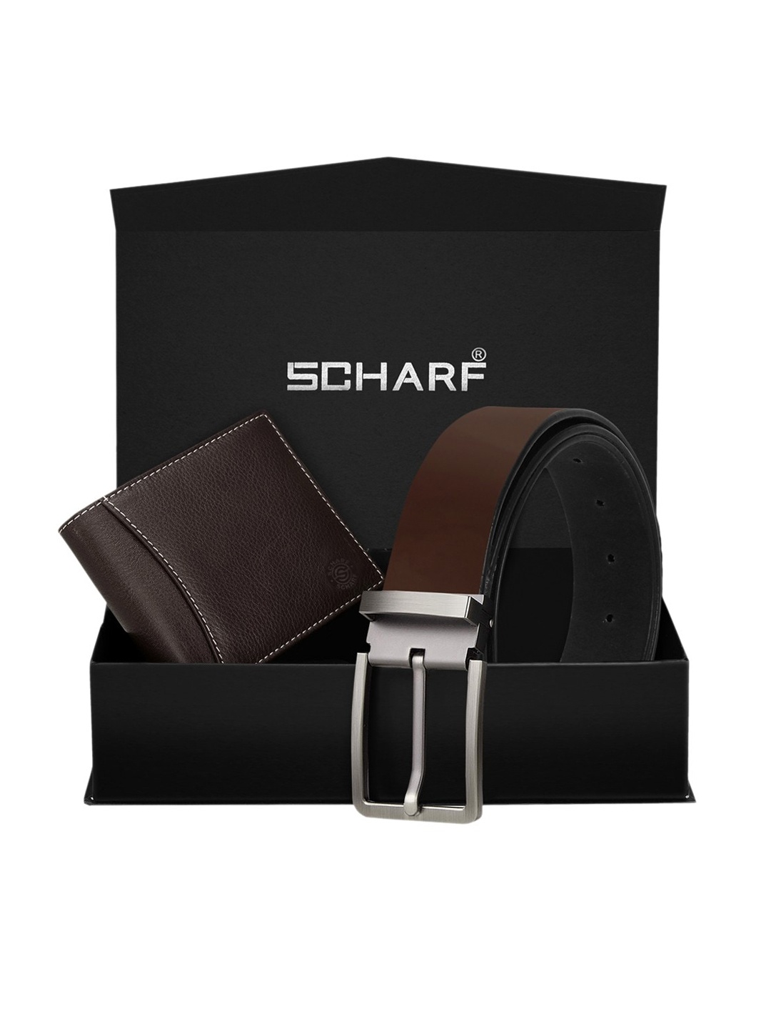 SCHARF Men Brown Genuine Leather Belt & Wallet Accessory Gift Set