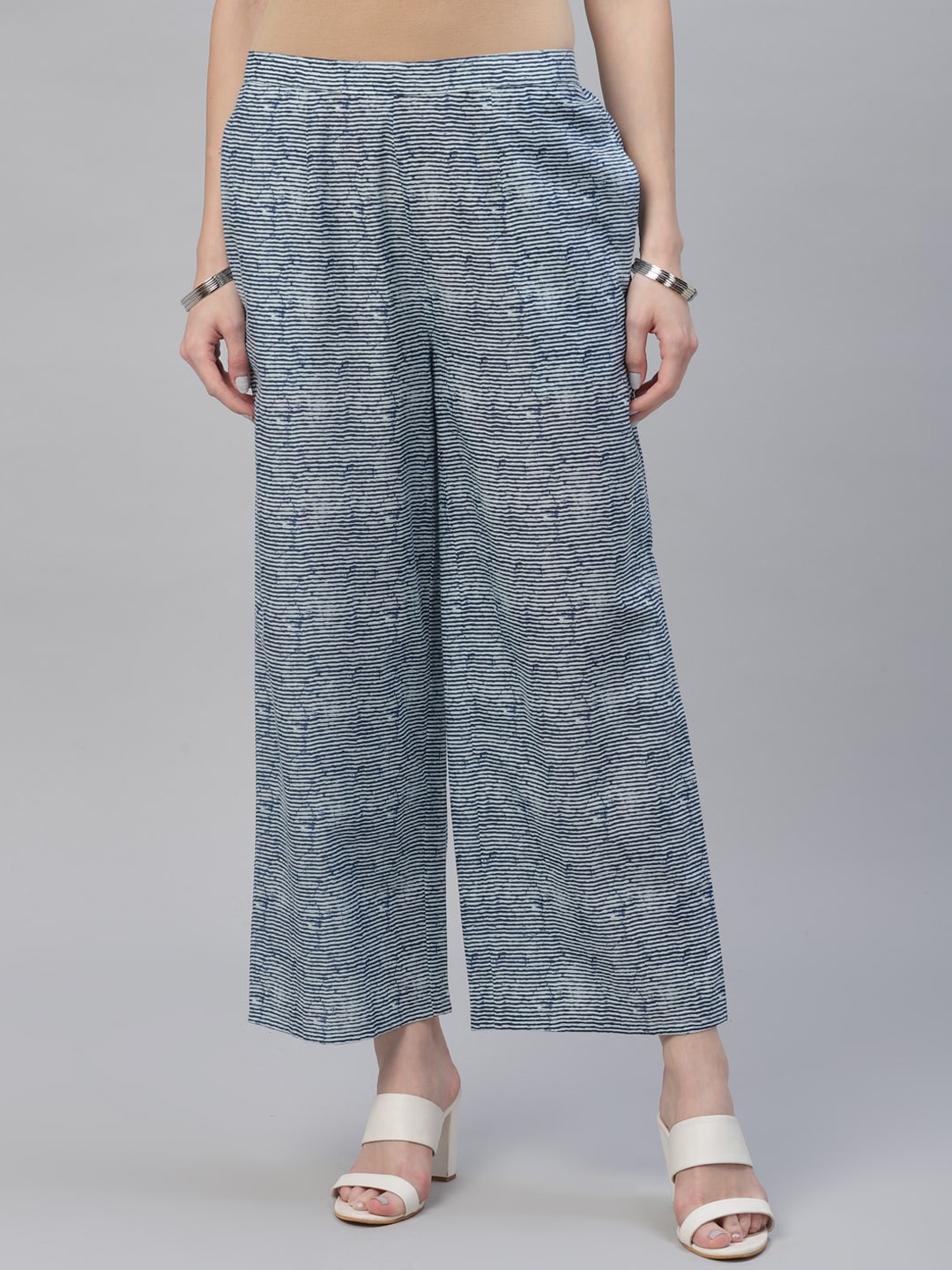 Libas Women Blue & White Striped Straight Palazzos