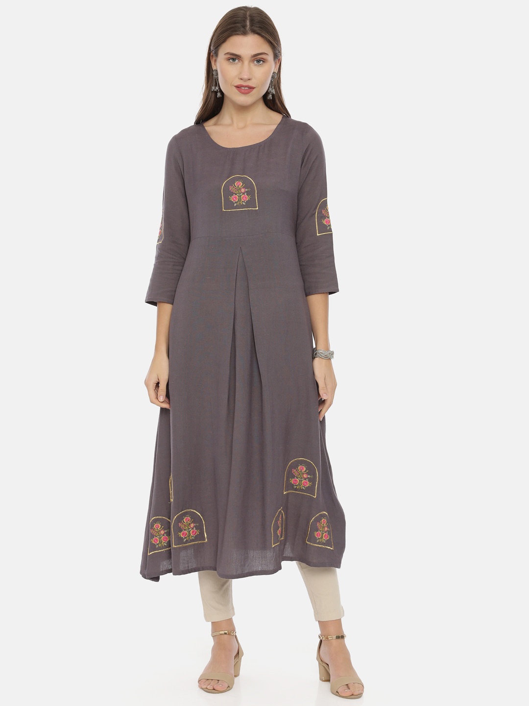 Neerus Women Grey Embroidered A-Line Kurta
