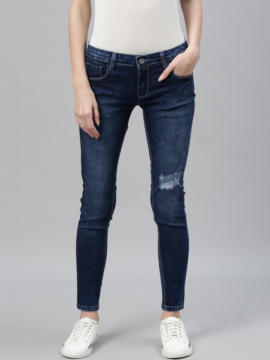 ZHEIA Women Blue Skinny Fit Mid-Rise Low Distress Jeans