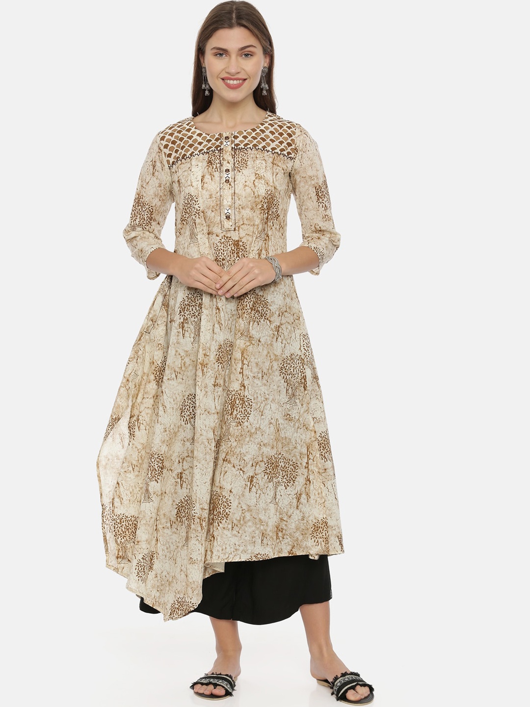 Neerus Women Beige Printed A-Line Kurta