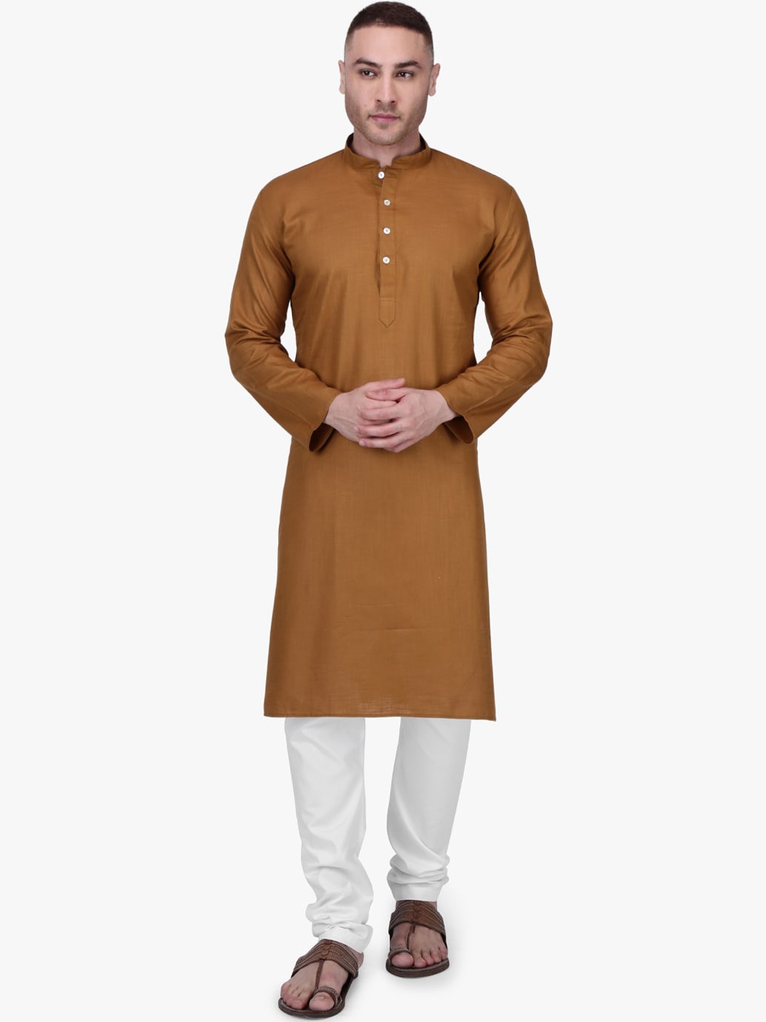 RAJUBHAI HARGOVINDAS Men Khaki Brown & White Solid Kurta with Pyjamas