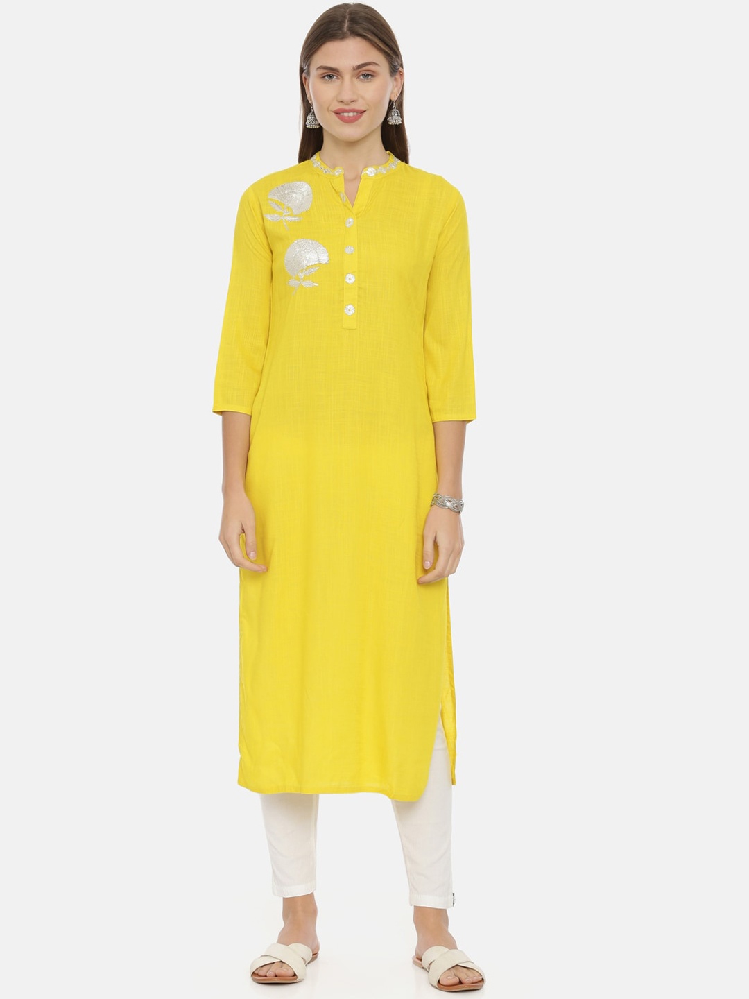 Neerus Women Yellow Embroidered Straight Kurta