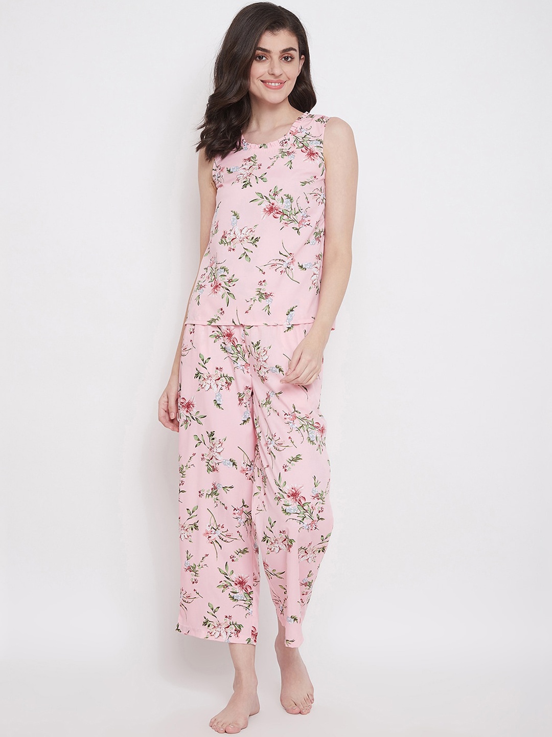 Clovia Women Pink & Green Floral Printed Night Suit