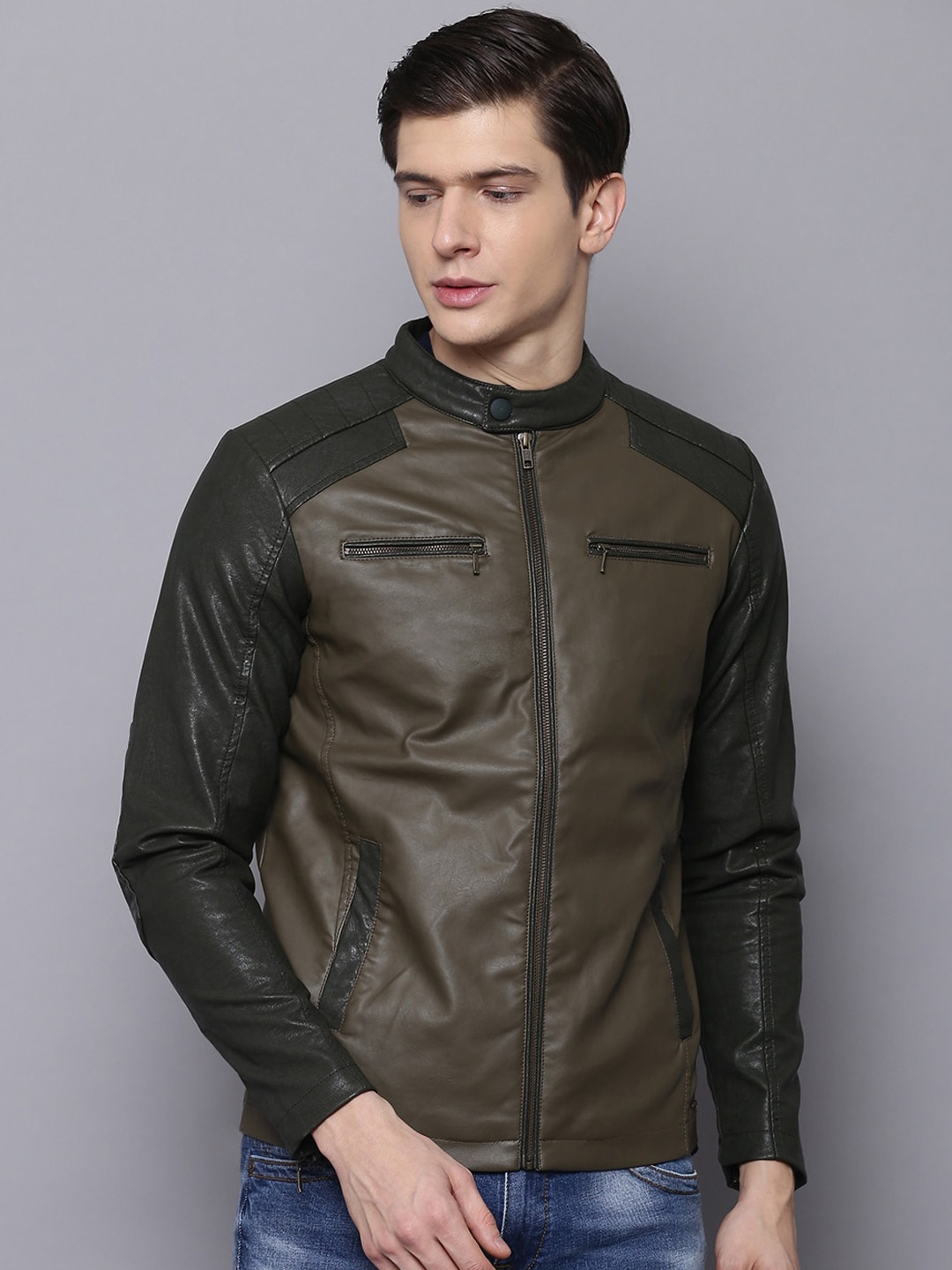 HARSAM Men Olive Green Solid Biker Jacket