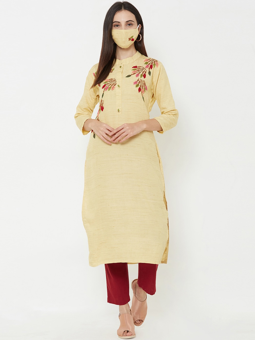 FASHOR Women Yellow Embroidered Straight Kurta