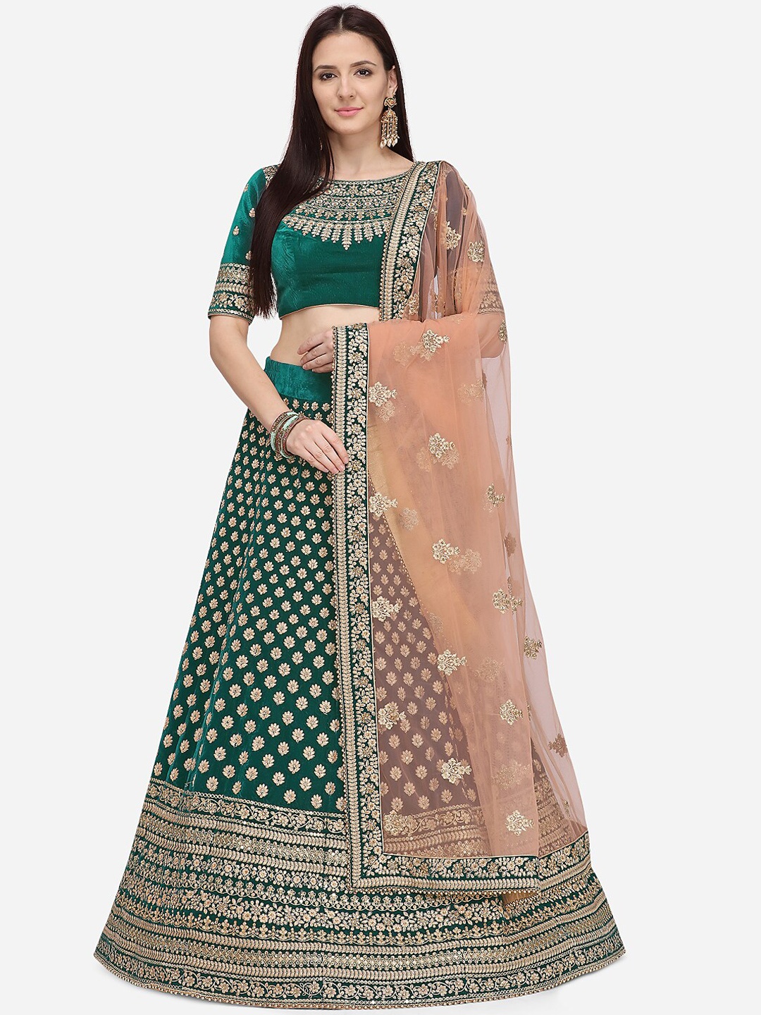 NAKKASHI Women Green & Gold Coloured Embroidered Velvet Semi-Stitched Lehenga & Unstitched Blouse with Dupatta
NAKKASHI Women Green & Gold Coloured Embroidered Velvet Semi-Stitched Lehenga & Unstitched Blouse with Dupatta