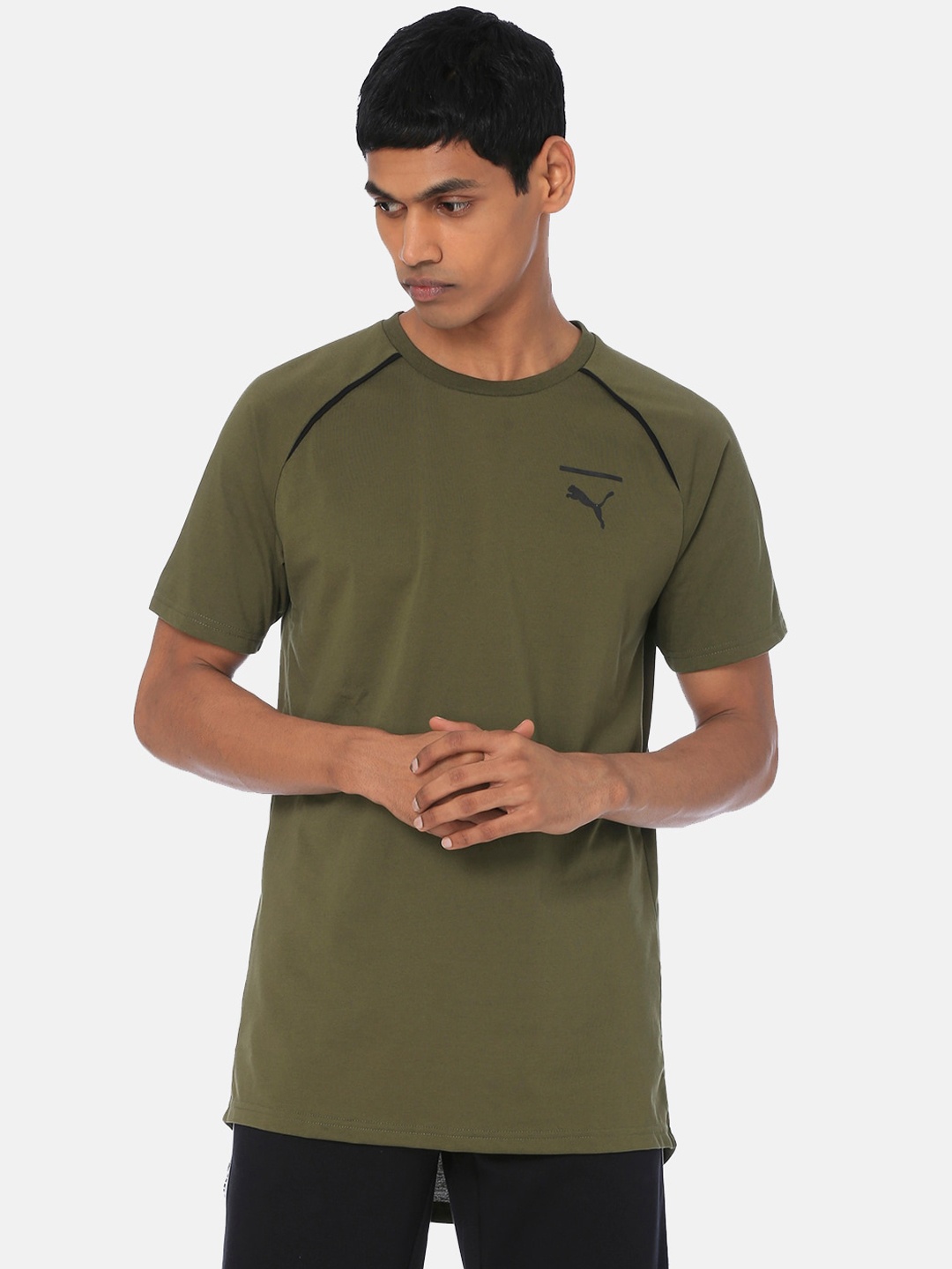 Puma Men Olive Green Solid Evo Core Round Neck T-shirt