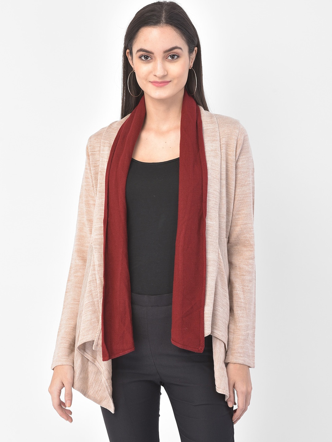 Latin Quarters Women Beige Solid Longline Shrug