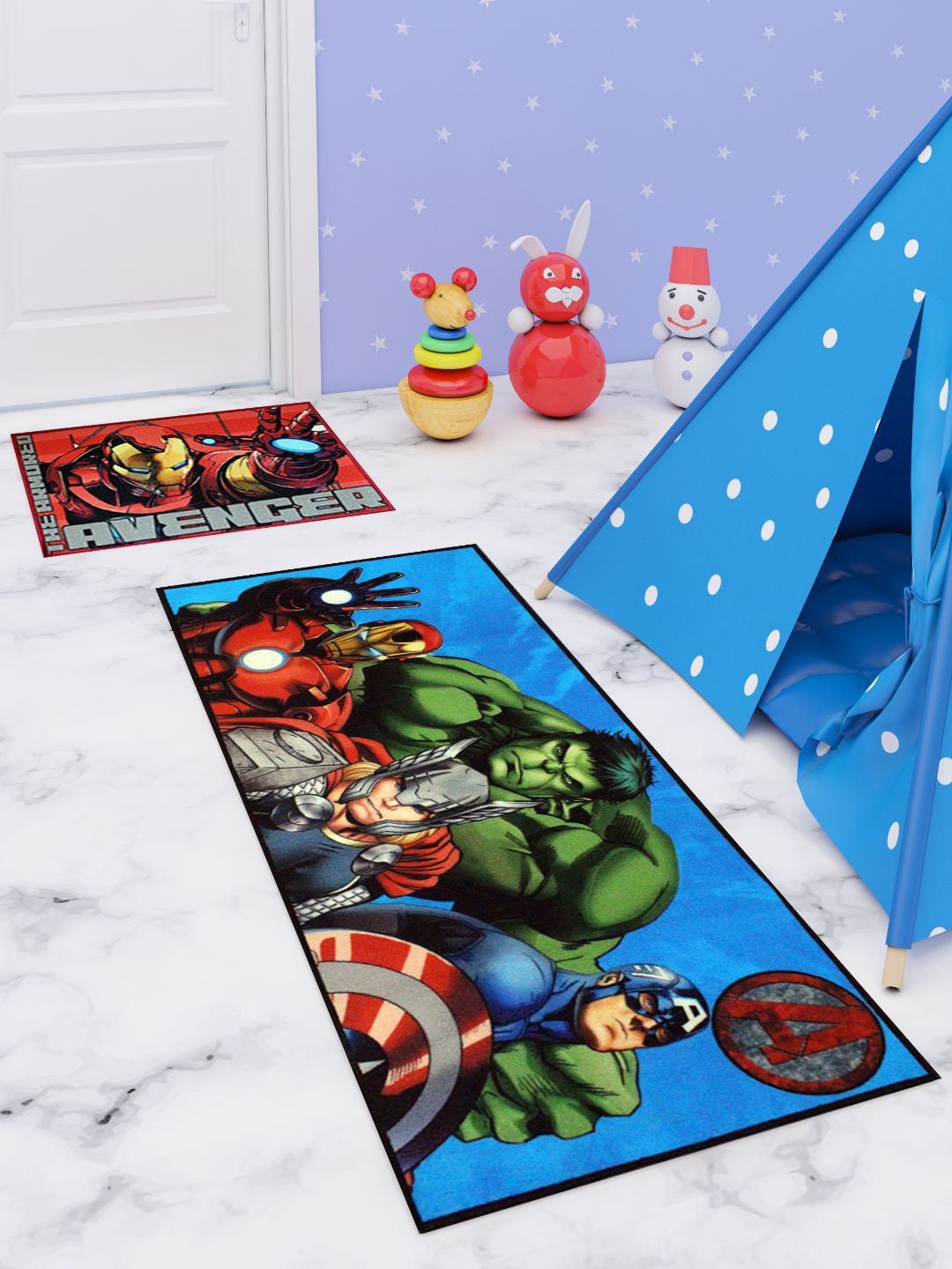 Marvel Set Of 2 Blue & Pink Printed Premium Runner Carpet & Doormat, Multi