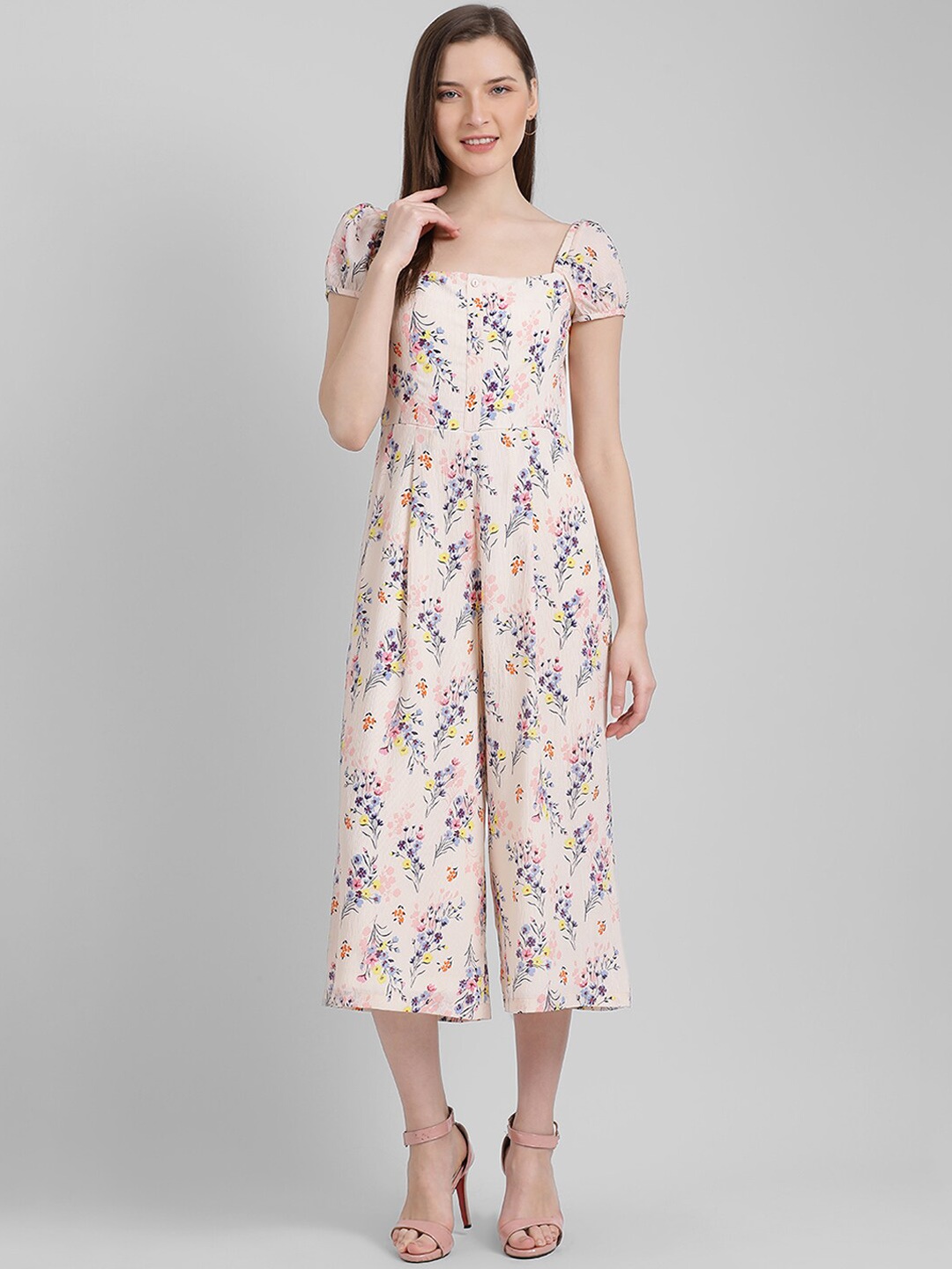 Zink London Women Peach-Coloured & Pink Floral Printed Capri Jumpsuit