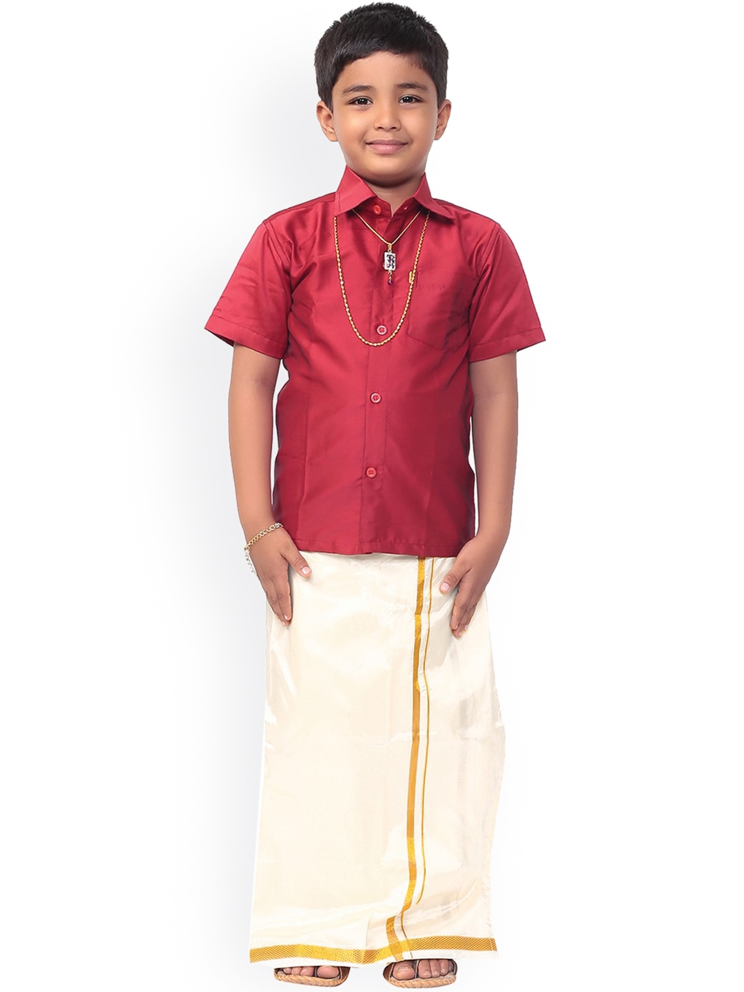 Thala-thalapathy Boys Maroon & Off-White Solid Shirt with Veshti & Towel With Gift Set
Thala-thalapathy Boys Maroon & Off-White Solid Shirt with Veshti & Towel With Gift Set