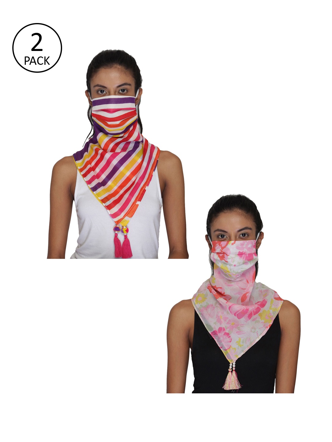 Anekaant Women Pack Of 2 Printed 3-Ply Reusable Scarf Style Fashion Masks, Pink