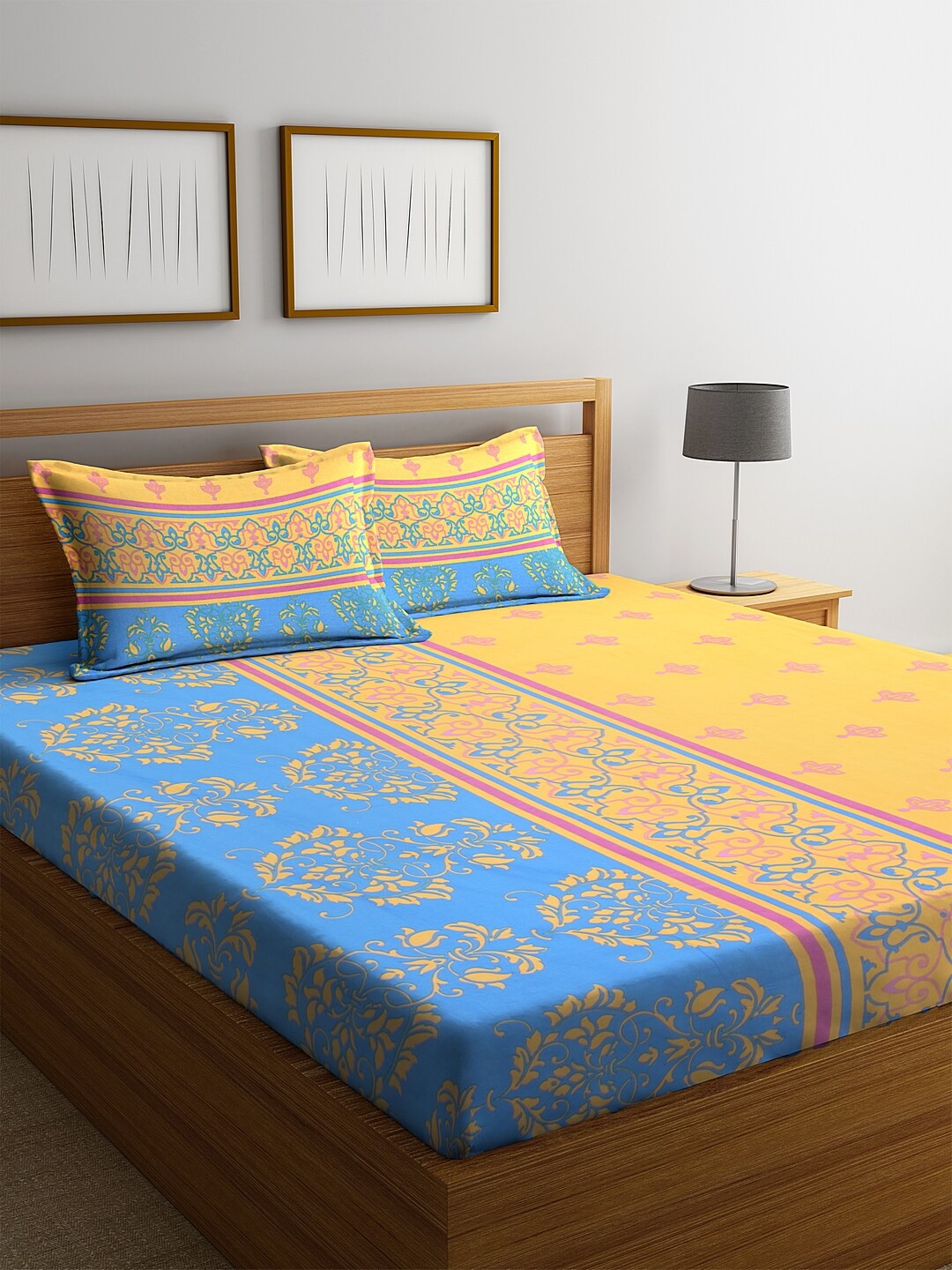 BOMBAY DYEING Blue & Yellow Ethnic Motifs Printed 104 TC Cotton Double Queen Bedsheet With 2 Pillow Covers
BOMBAY DYEING Blue & Yellow Ethnic Motifs Printed 104 TC Cotton Double Queen Bedsheet With 2 Pillow Covers