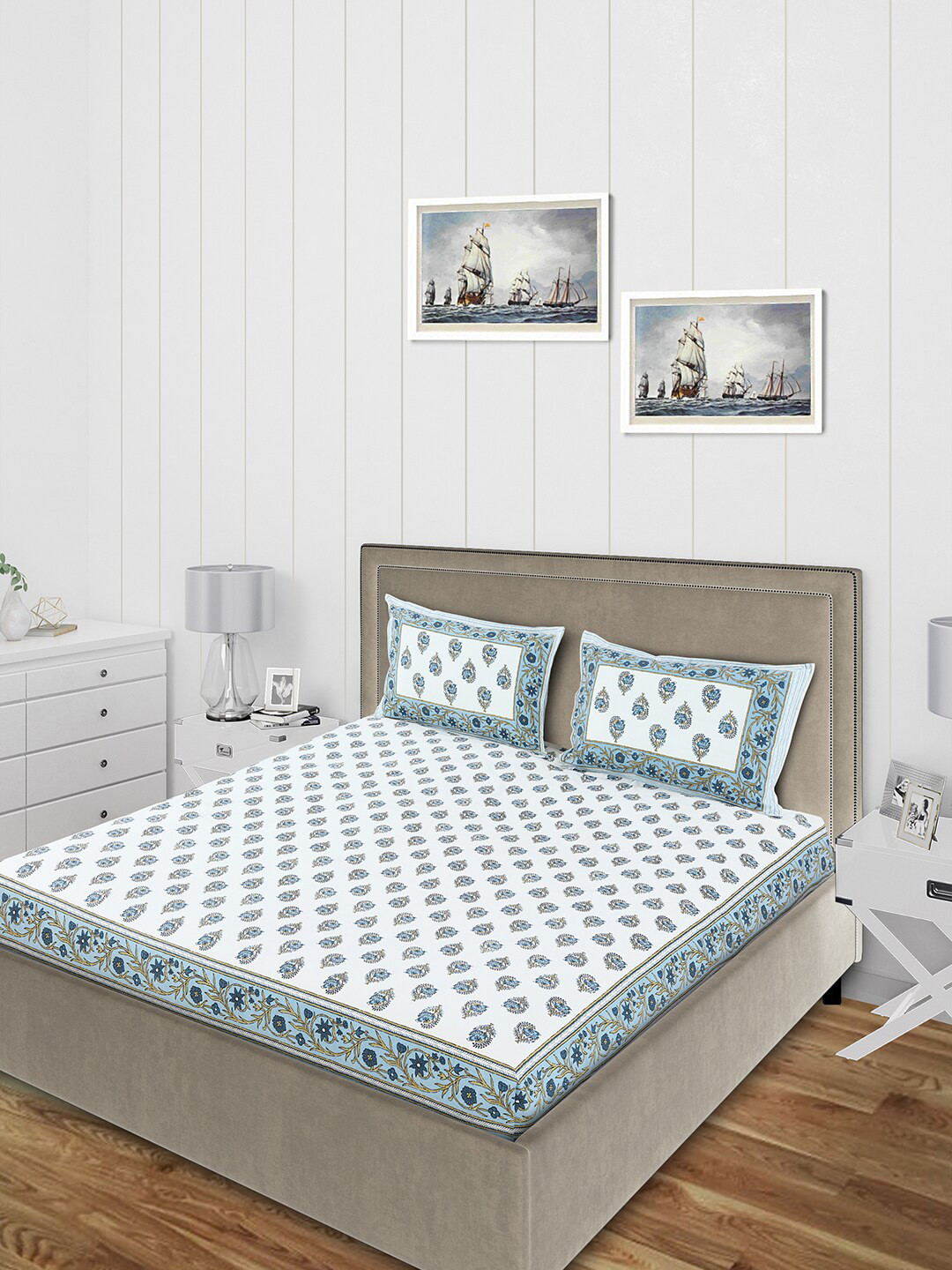 Salona Bichona White & Blue Ethnic Motifs 120 TC Cotton Double Queen Bedsheet With 2 Pillow Covers
Salona Bichona White & Blue Ethnic Motifs 120 TC Cotton Double Queen Bedsheet With 2 Pillow Covers
