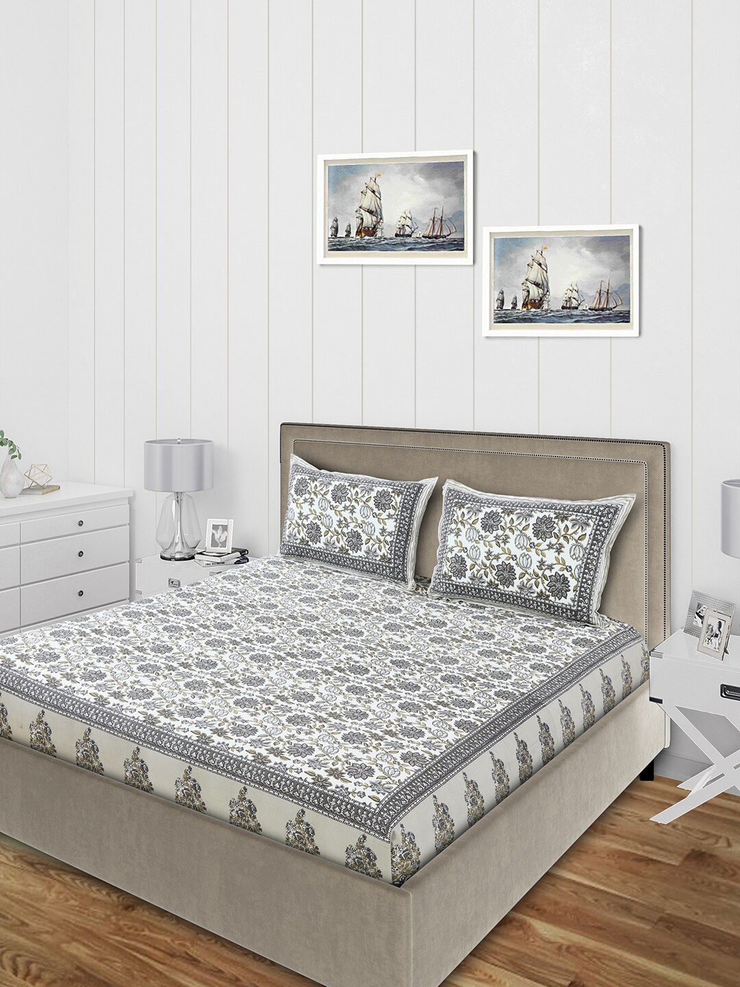 Salona Bichona White & Grey Floral Printed 120 TC Cotton Double Queen Bedsheet With 2 Pillow Covers
Salona Bichona White & Grey Floral Printed 120 TC Cotton Double Queen Bedsheet With 2 Pillow Covers