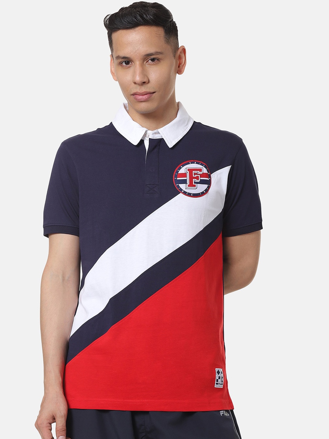 FILA Men Navy Blue & White Colourblocked Polo Collar T-shirt