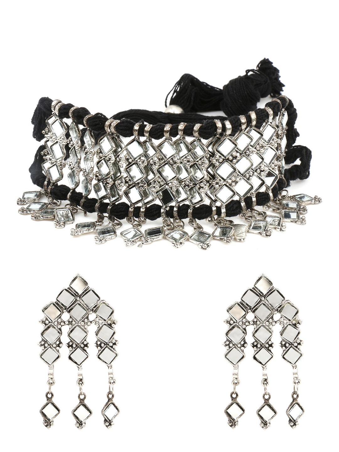 Yellow Chimes Silver-Plated & Black Mirror Studded Jadau Work Handmade Oxidised Jewellery Set
Yellow Chimes Silver-Plated & Black Mirror Studded Jadau Work Handmade Oxidised Jewellery Set